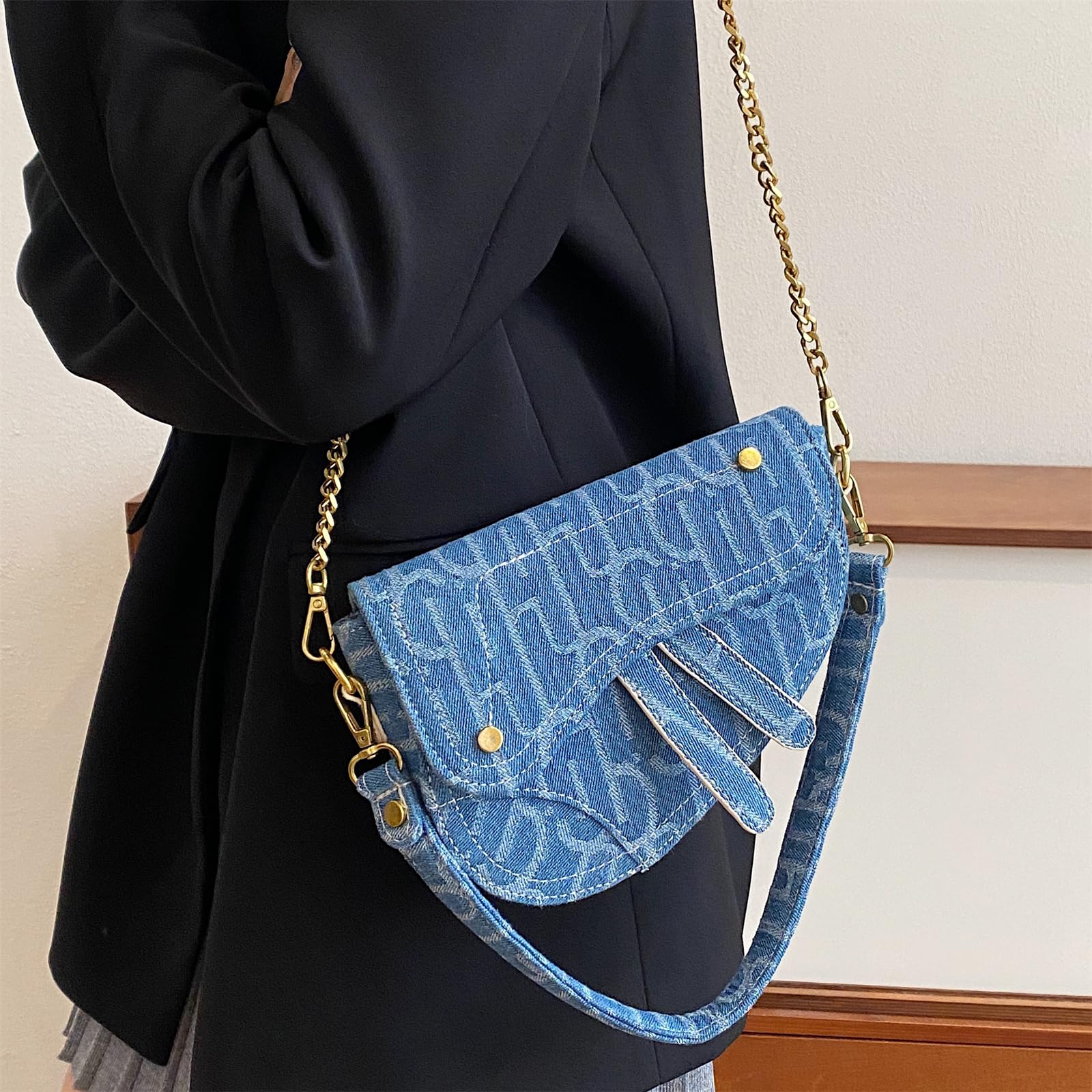 Trendy Denim Saddle Bag Clutch Purse for Women - Crossbody Shoulder Handbag & Satchel Bag | Perfect for Casual Outings, Date Nights, and Everyday Use