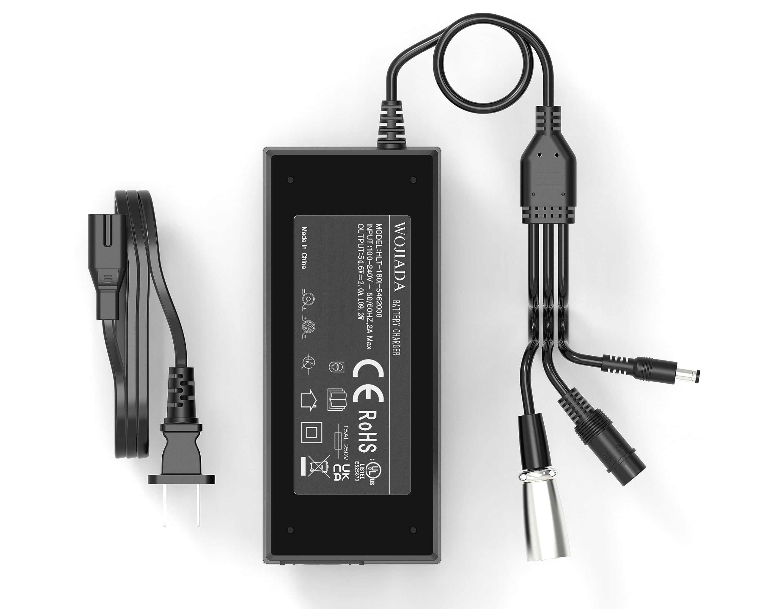 54.6V 2A Electric Bike Charger with 3 Plugs - Compatible with 48V Ebike & Scooter Batteries (DC5.5*2.5, 3-Pin, 12mm 3-Prong) - Replacement Charger for F1/F2 Models - Perfect for Commuting & Outdoor Adventures