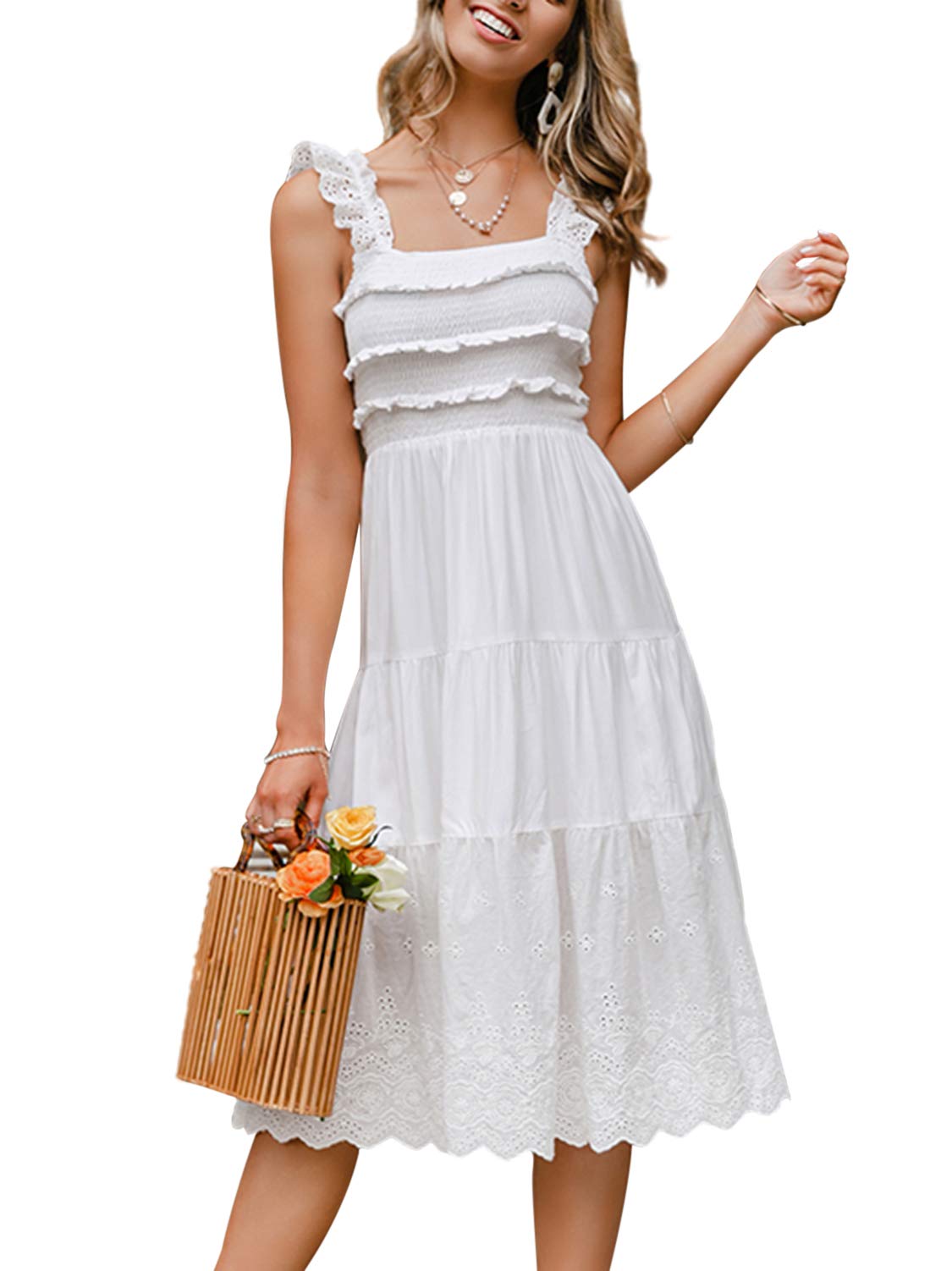 BerryGo Women's Striped Linen Square Neck Midi Dress with Eyelet Ruffle Cap Sleeves - Elegant Summer Beach Dress for Vacation, Party & Casual Wear