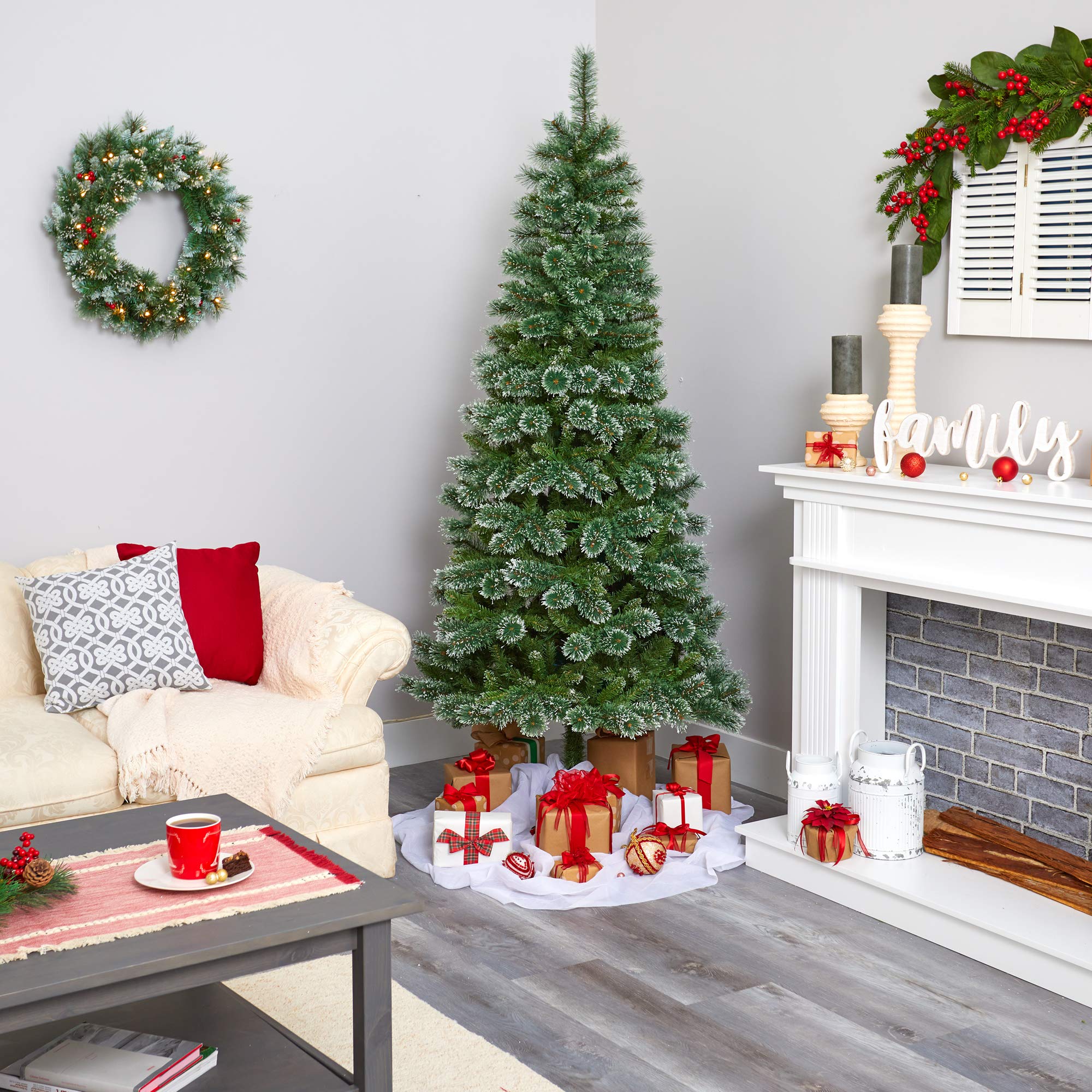 Nearly Natural 7ft Wisconsin Slim Snow Tip Pine Artificial Christmas Tree with 400 Clear LED Lights - Perfect for Holiday Home Decor, Office & Indoor Christmas Decorations
