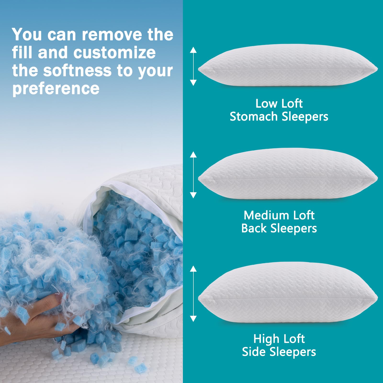 Cooling Shredded Memory Foam Pillows 2 Pack - Queen Size Bed Pillows for Side, Back & Stomach Sleepers - Breathable & Washable Cover (20x30 Inches) - Perfect for Hot Sleepers, Neck Pain Relief & Better Sleep