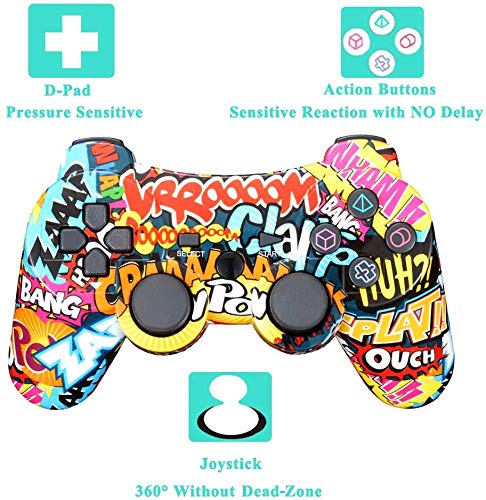 BLUELAKE Wireless Bluetooth Controller for PS3 - Dual Shock Gamepad with Charging Cable, Compatible with Playstation 3 (Graffiti Design) - Perfect for Gaming, Streaming & Retro Console Play