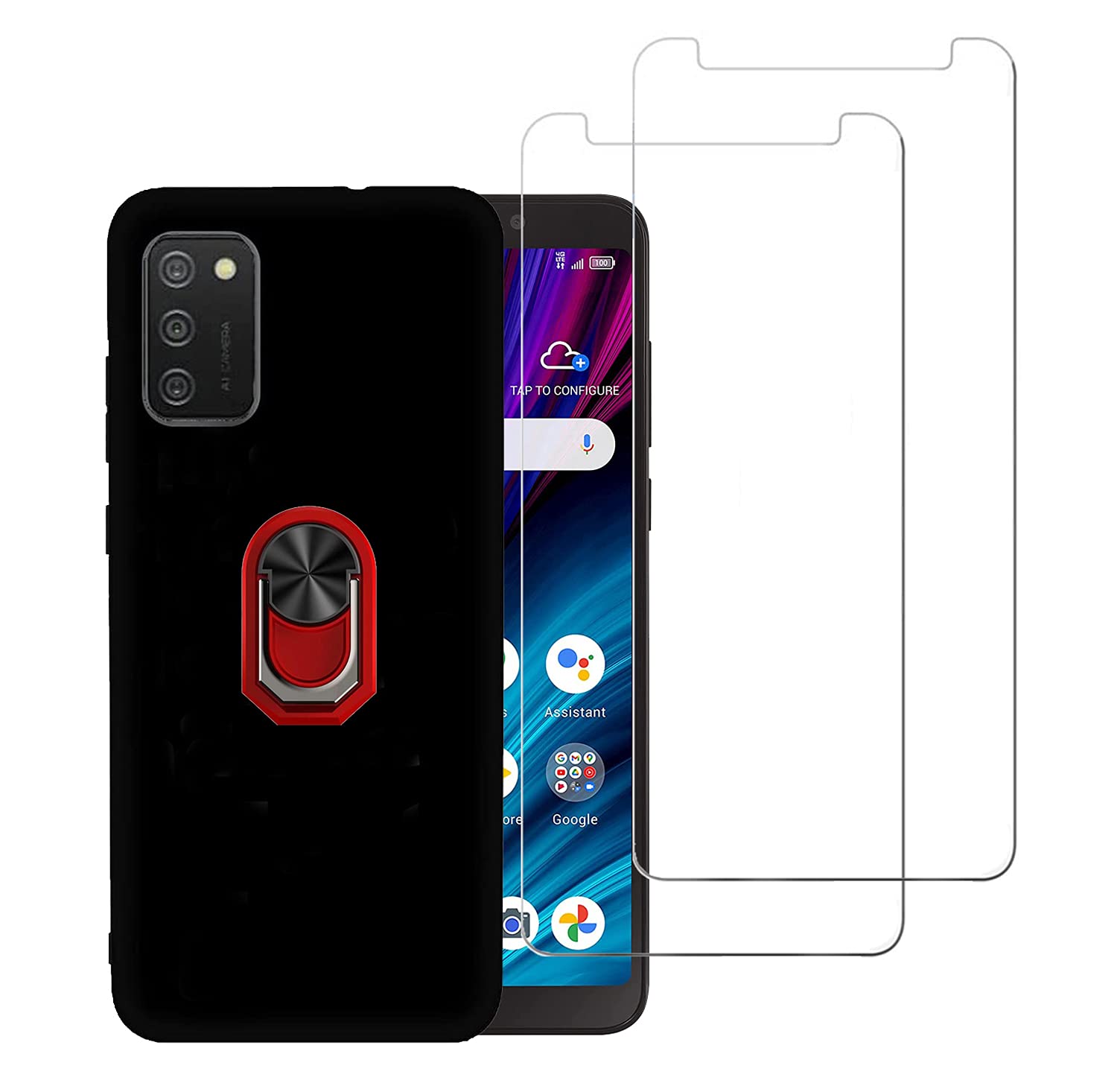 Premium 2-Pack Tempered Glass Screen Protector & Full Body Shockproof Case with Kickstand & 360 Ring Holder for Alcatel TCL A3X/A600DL - Red | Perfect for Outdoor Activities, Work & Daily Protection