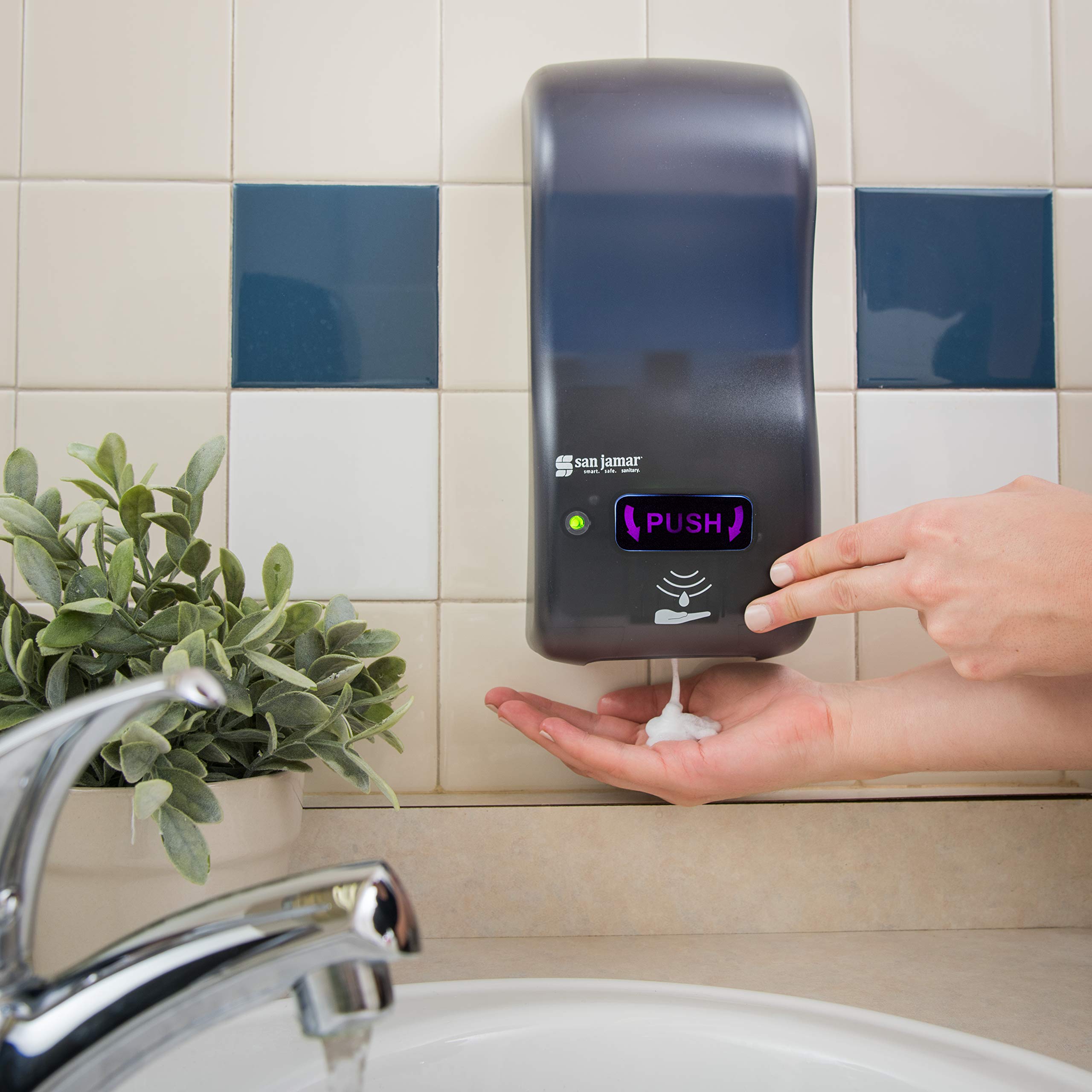 San Jamar Classic Rely Hybrid Electronic Soap Dispenser & Hand Sanitizer Dispenser - 900ml Universal Touchless Dispenser for Bathroom, Kitchen, Restaurant - Black Pearl Plastic Design for Hygienic Hand Washing & Sanitizing