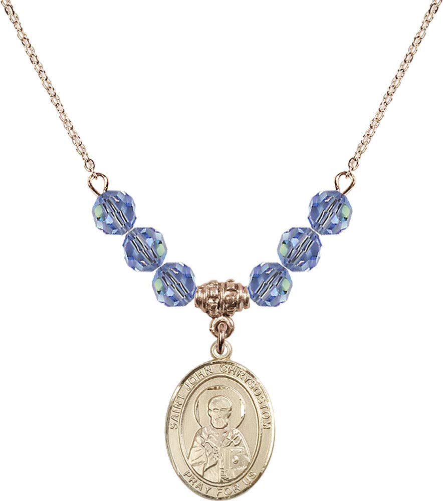 Bonyak 18K Gold Plated Hamilton Necklace with 6mm Light Blue September Birthstone Beads - Elegant Saint John Chrysostom Pendant for Women - Perfect Gift for Birthday, Anniversary & Special Occasions