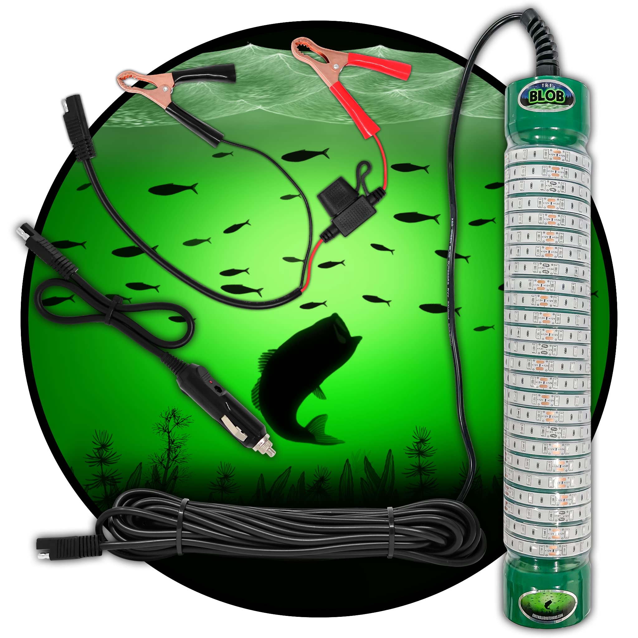 Green Blob Outdoors Underwater Fishing Lights - 12V Battery Powered LED for Snook & Crappie (15000 Lumens, Green) - Perfect for Night Fishing & Attracting Fish in Lakes & Ponds