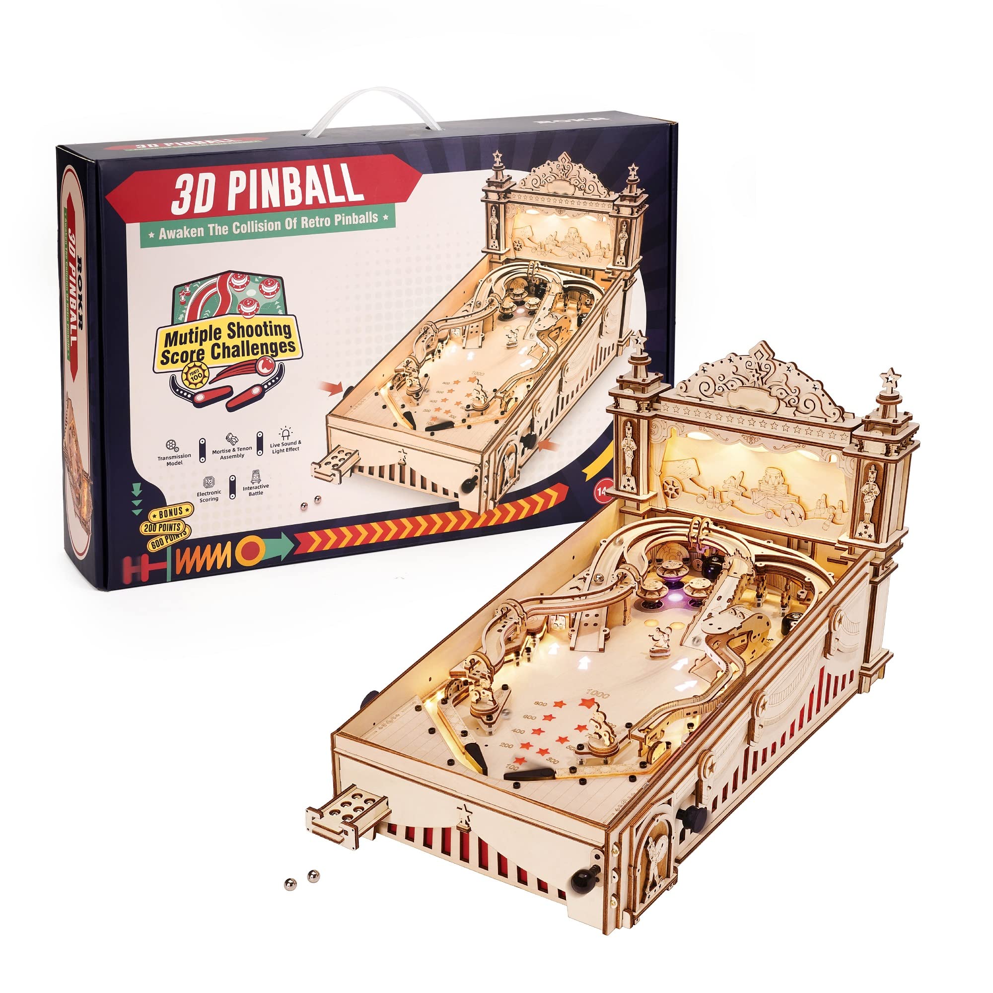 3D Wooden Puzzle for Adults - DIY Pinball Machine Building Kit, Mechanical Model Kits for Teens & Kids - Fun Family Party Games & STEM Learning Activity for Home & Classroom