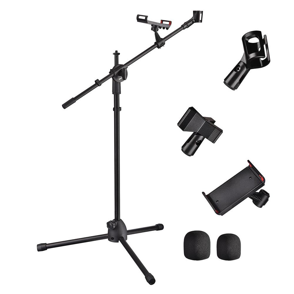 TheLAShop Adjustable Microphone Stand Boom Arm - Dual Mic Mount & Phone Holder (2.8' to 5.11' Height) - Perfect for Podcasting, Streaming, and Home Studio Recording