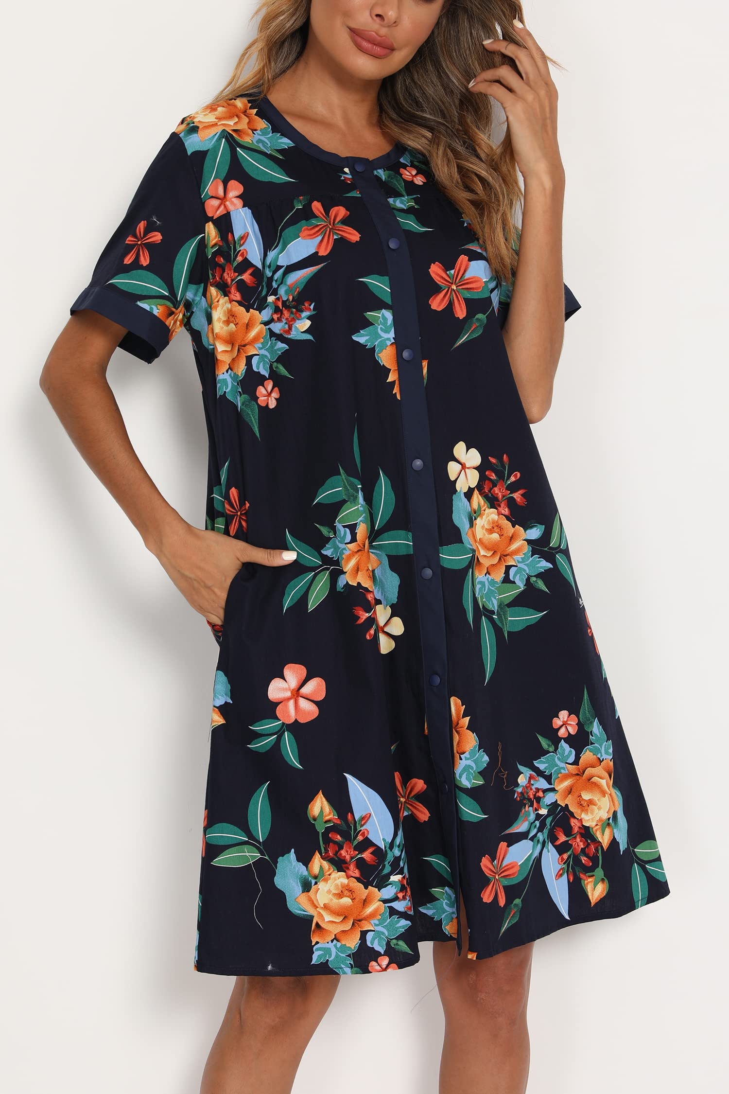YOZLY Women's Short Sleeve House Dress - Comfortable Cotton Duster Robe with Pockets | Perfect for Lounging, Sleeping & Morning Coffee