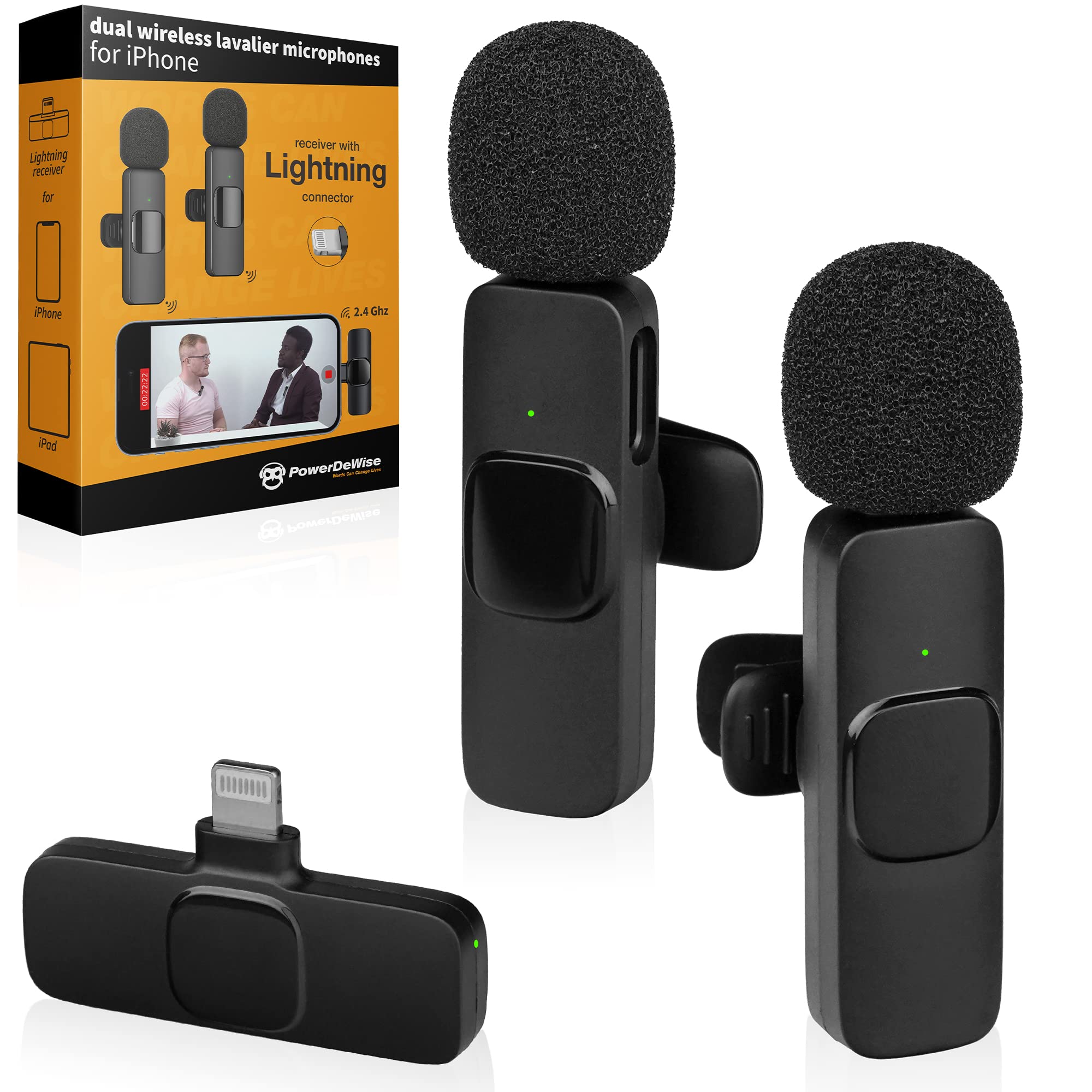 PowerDeWise Wireless Lavalier Microphones for iPhone - Noise Cancelling Clip-on Mic, Plug & Play Omnidirectional Condenser Mic - Pack of 2 - Perfect for Vlogging, YouTube, Interviews & Live Streaming