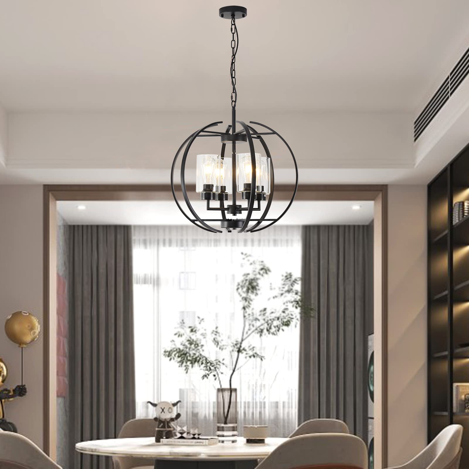 Black Chandelier Lighting with Clear Glass - 4-Light Farmhouse Ceiling Fixture for Dining Room & Kitchen | Elegant Hanging Light for Home Decor, Wedding Venues & Restaurants