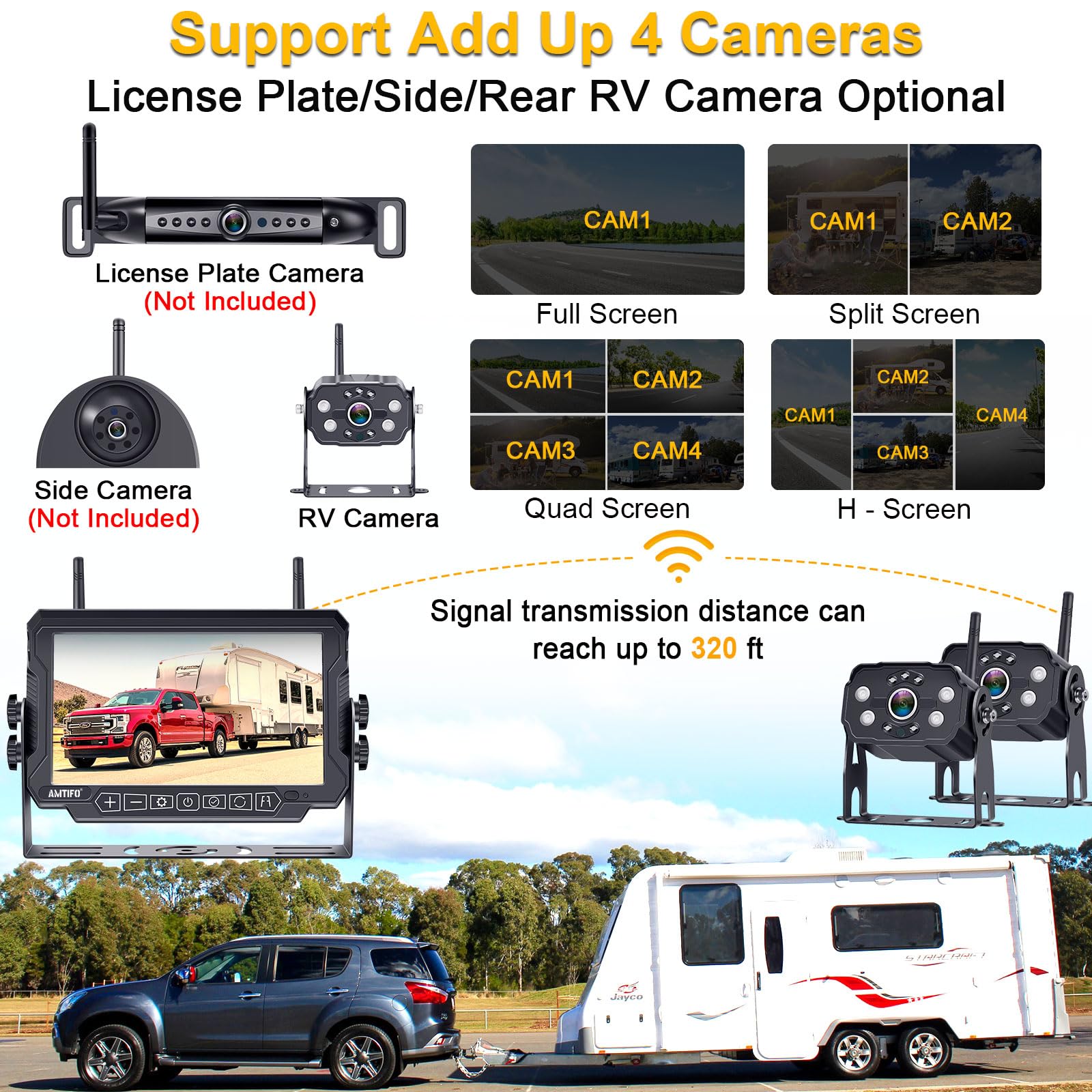Dual Wireless Backup Camera for RVs & Trailers - 7 Inch 4 Split Screen HD Wide View Recording Rear View Camera | Plug & Play Pre-Wired for Furrion System | Stable Signal | Perfect for Motorhomes, Campers & Travel Trailers