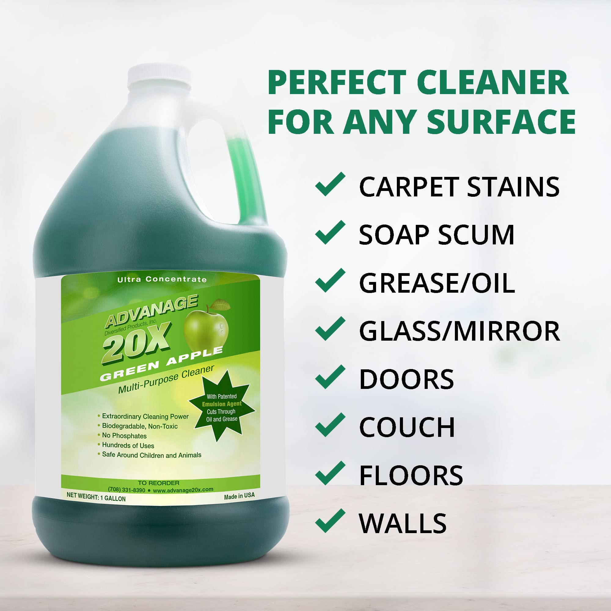 Advanage 20X All-Purpose Cleaner Concentrate - Green Apple Scent, Multi-Surface Household Cleaner for Kitchen, Bathroom & Floors | Removes Oil, Grease & Stains | 128oz Eco-Friendly Cleaning Solution for Home & Office Use