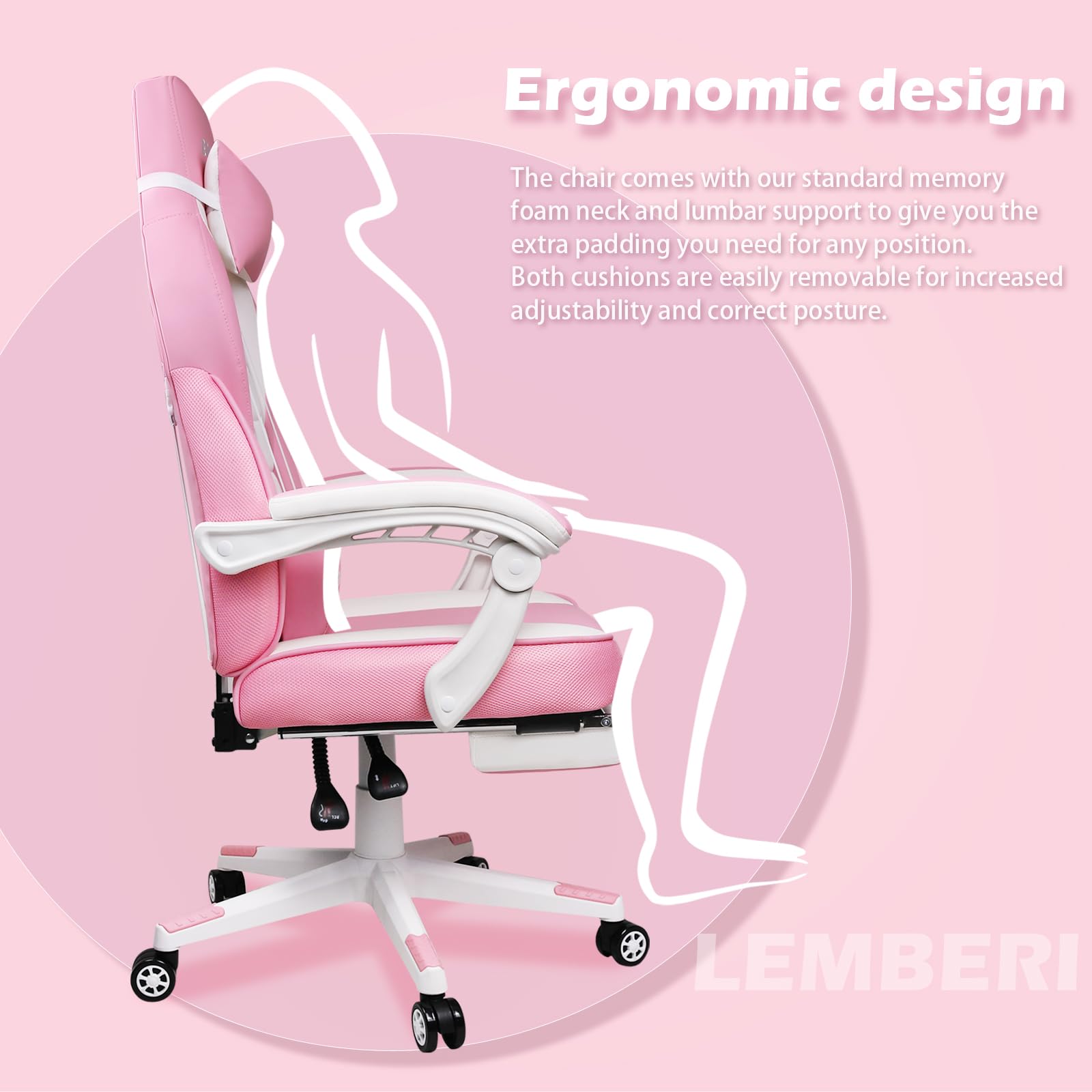 LEMBERI Pink Gaming Chair with Footrest - Ergonomic Kawaii Cute Gamer Chair for Girls, Computer Video Game Chair with Adjustable Headrest & Lumbar Support - Perfect for Streaming, Esports & Home Office Setup