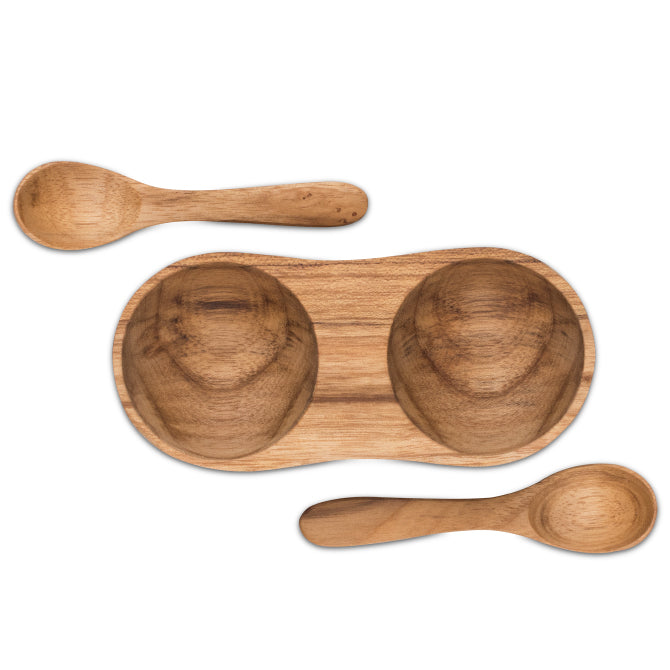 Premium Teak Wood Salt and Pepper Shaker Set with Stainless Steel Spoons - Elegant Dining Table Seasoning Dispenser for Home Kitchen & Restaurant Use
