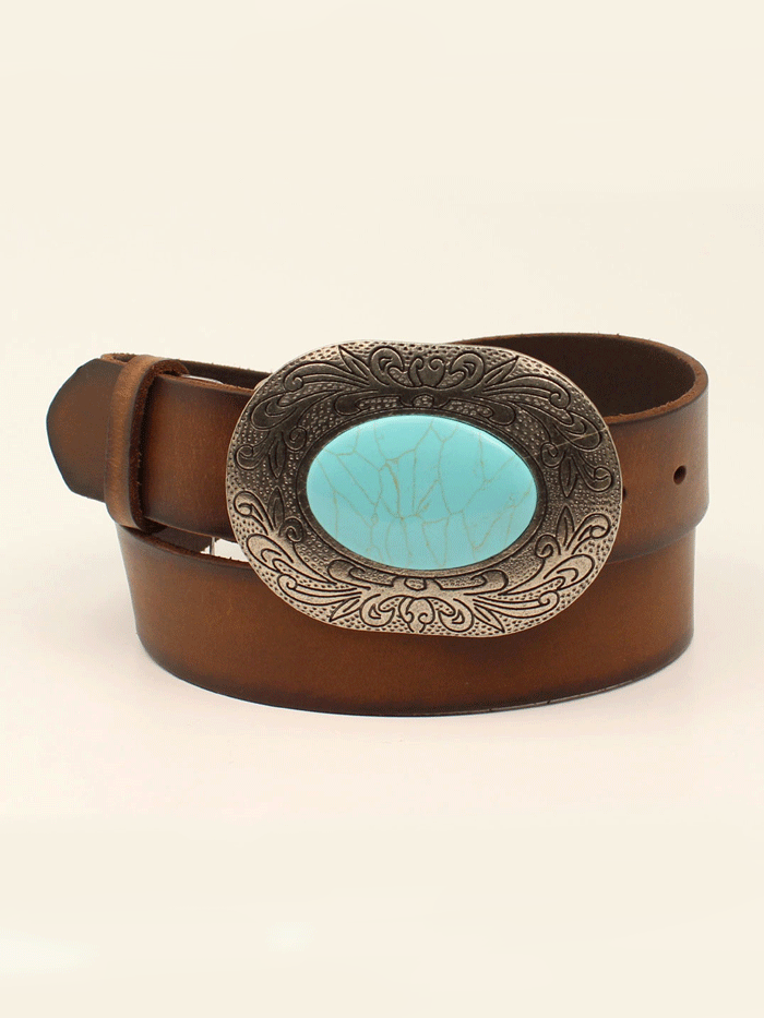 Nocona Women's Turquoise Stone Buckle Classic Leather Belt - Brown Western Style Belt for Jeans, Dresses & Casual Outfits