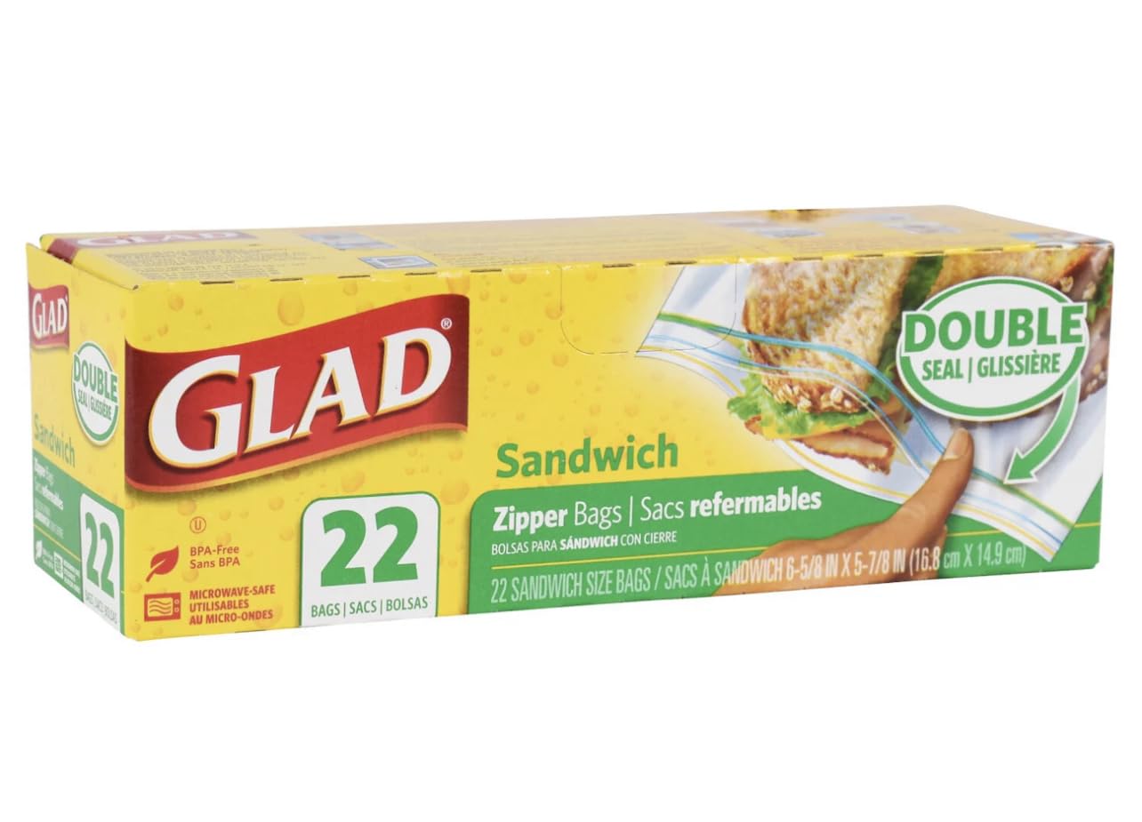 Glad Sandwich Zipper Bags - 22 Count Resealable Food Storage Bags for Lunch, Meal Prep & Leftovers | BPA-Free Plastic Freezer Bags for Freshness | Sandwich Bags for School, Work & Picnics
