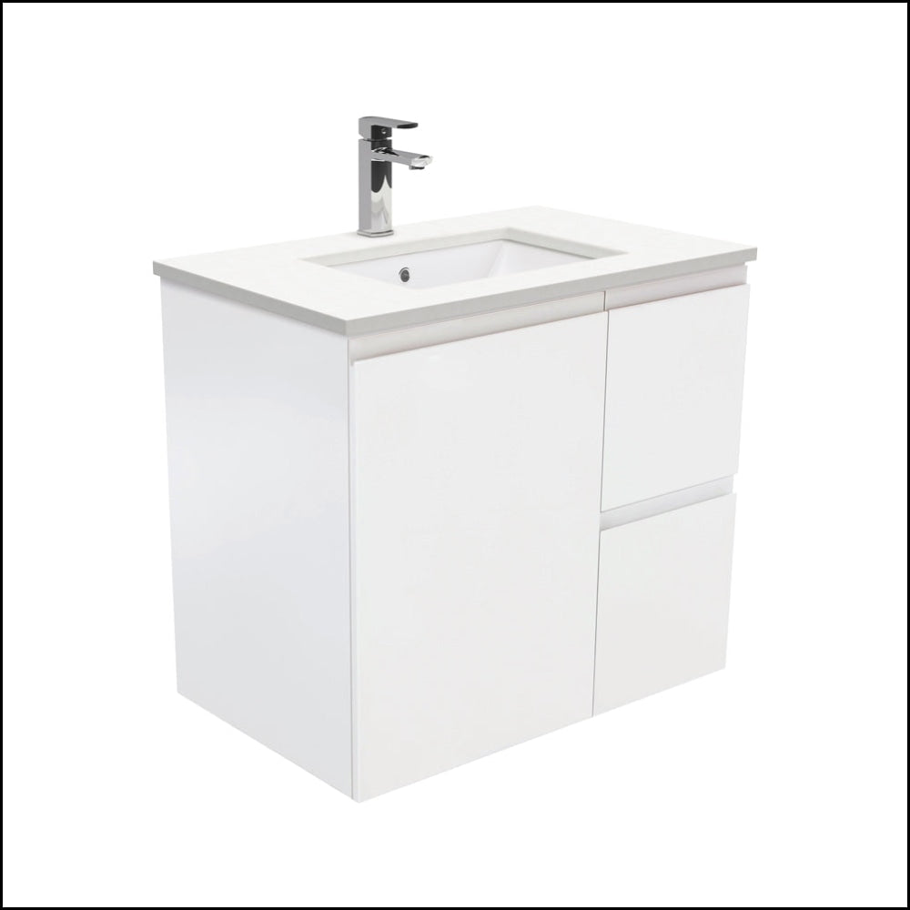 Fienza Crystal Pure 750mm Undermount Bathroom Vanity with Stone Top - Wall Mounted, Fingerpull Design, Right Side Drawers in Satin White | Modern Bathroom Storage Solution for Small Spaces