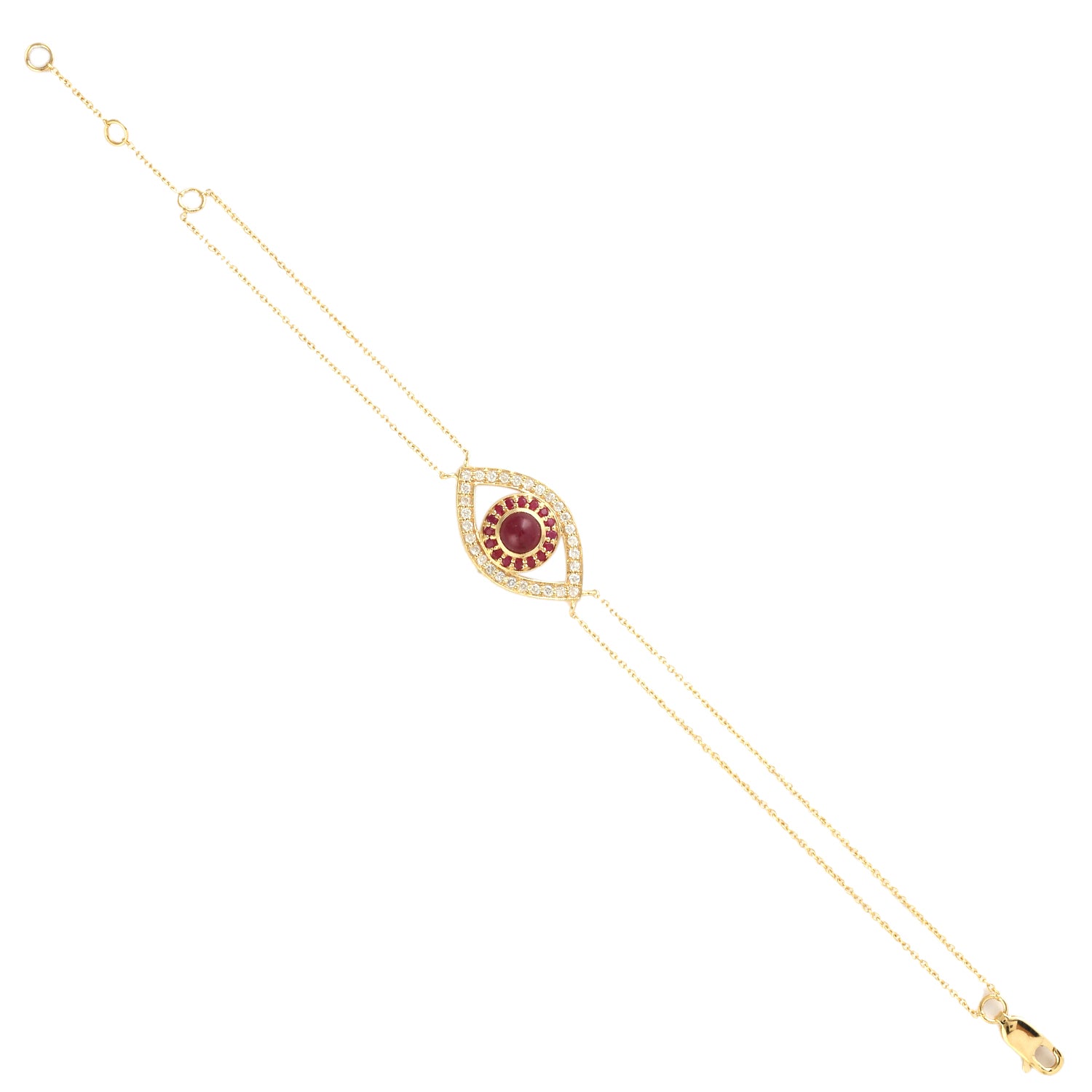 14K Yellow Gold Bezel Set Ruby Pave Diamond Evil Eye Bracelet - Adjustable & Flexible for Protection & Style - Perfect for Everyday Wear, Gifts & Spiritual Jewelry