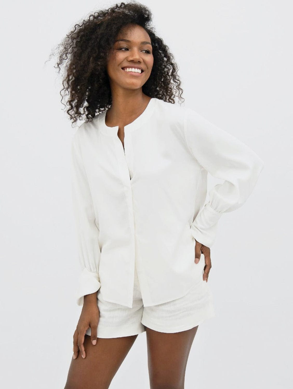Ferret TENCEL™ Long Sleeve Shirt for Women - Soft Breathable Button Down Blouse in Porcelain White | Casual Office Wear & Spring Layering Essential