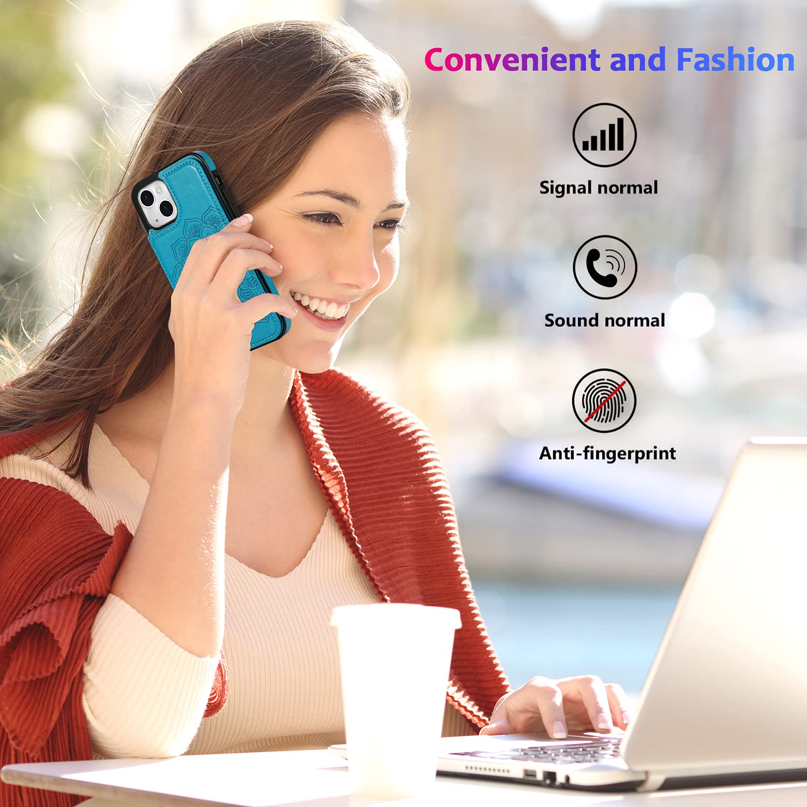Premium PU Leather Wallet Case for iPhone 13 with Card Holder & Kickstand - Floral Embossed Design, Shockproof Protective Cover (Blue) - Perfect for Everyday Use, Travel & Hands-Free Viewing