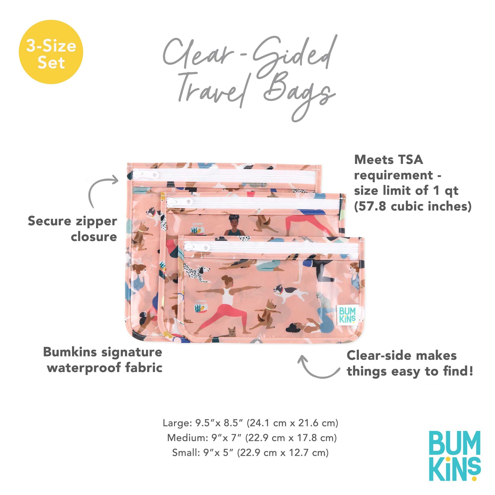 Bumkins 3-Piece TSA Approved Travel Toiletry Bag Set - Clear Quart Size Zip Pouch for Airplane Carry On, Baby Diaper & Makeup Organization | Perfect for Yoga, Gym & Family Trips