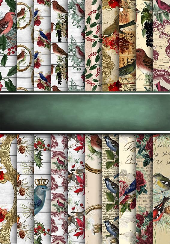 Vintage Christmas Birds Scrapbook Paper - 10 Double Sided Sheets 8.25
