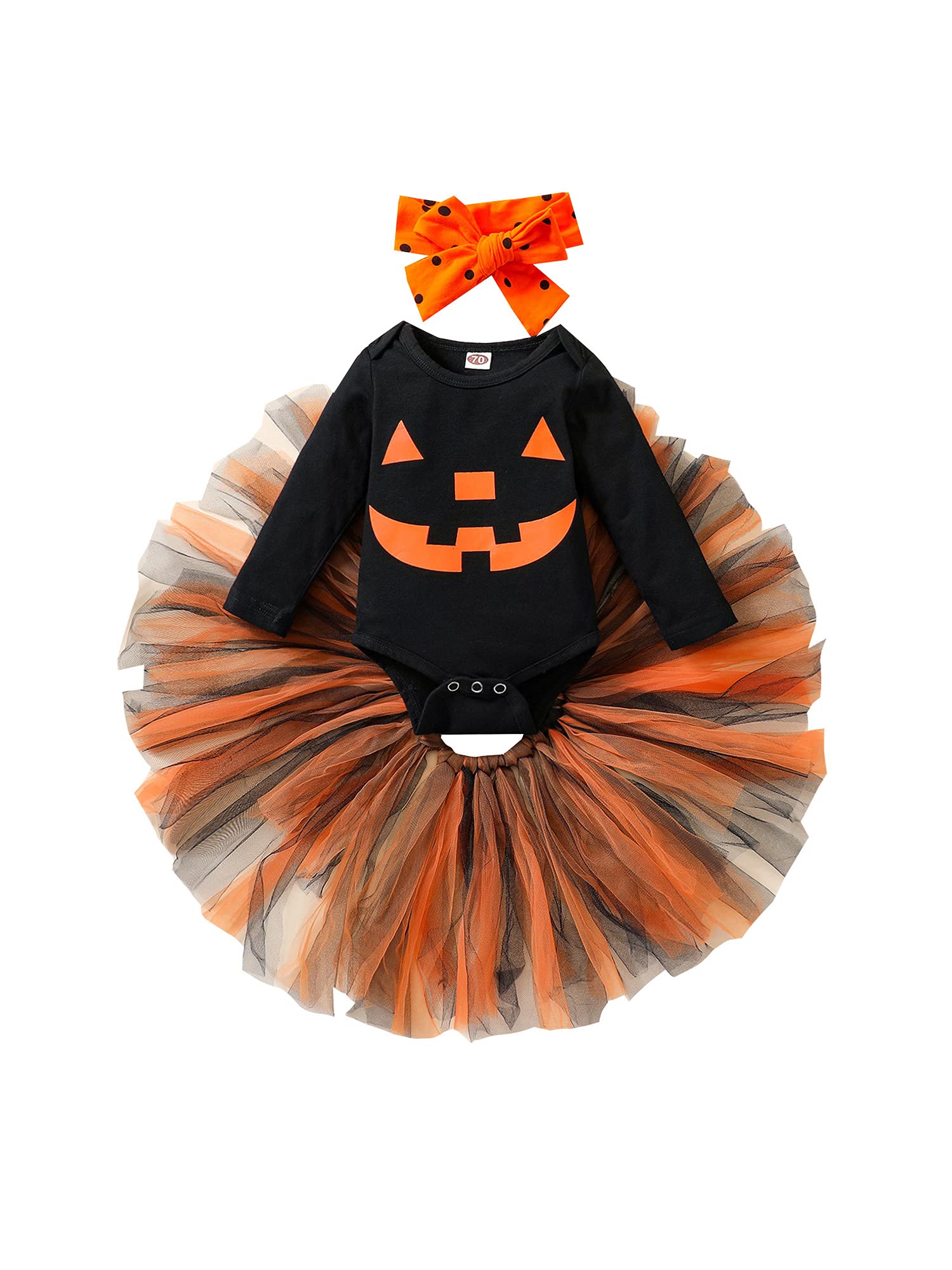Maemukilabe My First Halloween Newborn Baby Girl Outfit - Long Sleeve Romper Jumpsuit with Tutu Skirt & Headband - Cute Infant Halloween Costume for Photo Shoots, Trick-or-Treating & Holiday Parties