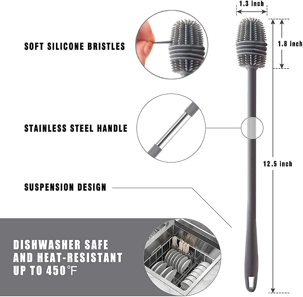 Slyford 2 Pack Long Handle Silicone Bottle Cleaning Brushes - Perfect for Hydro Flask, Glassware & Small Opening Bottles - Ideal for Kitchen, Camping & Travel Accessories