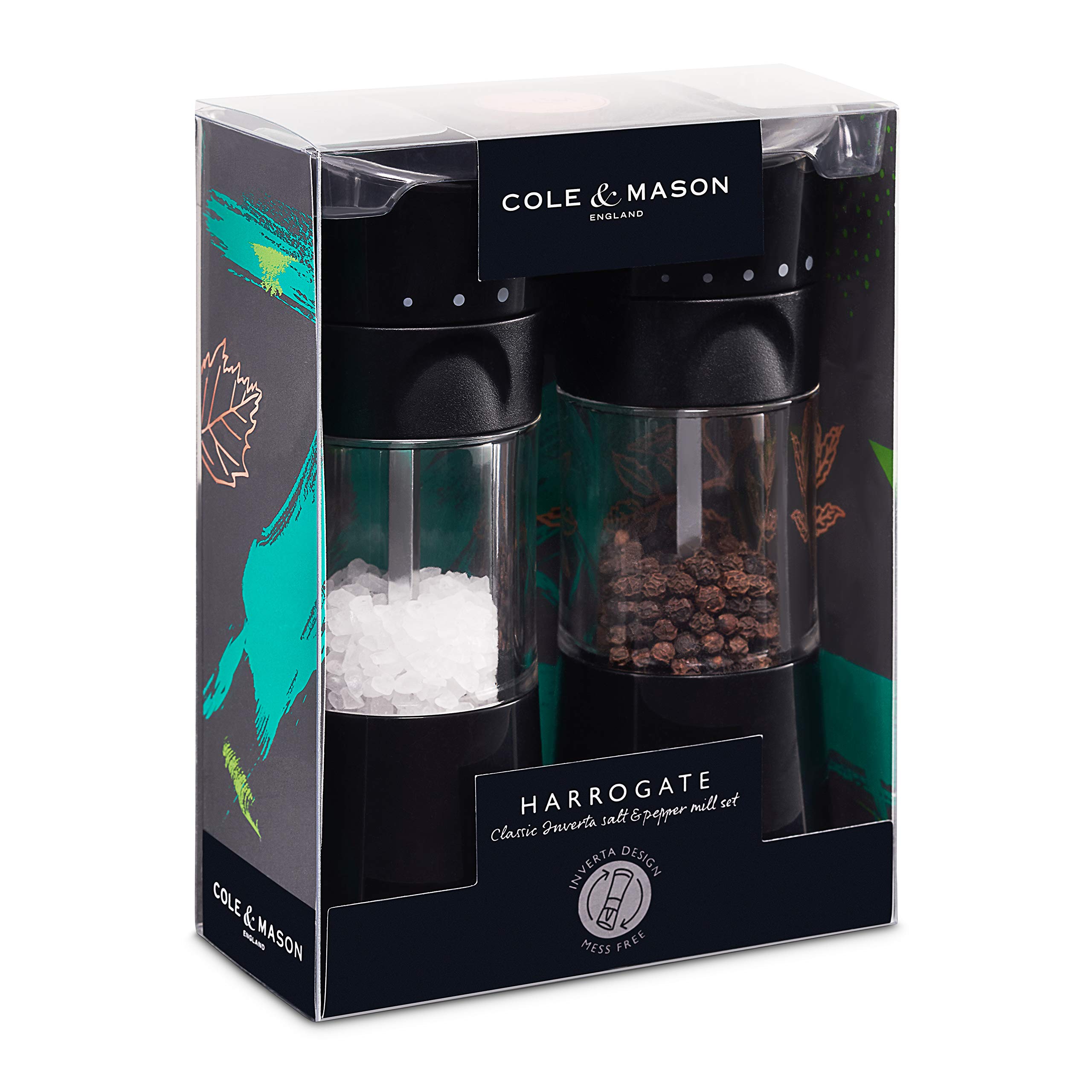 Cole & Mason Harrogate Black Salt and Pepper Grinder Set - Adjustable Ceramic Mechanism, Inverta Design, ABS Plastic (6.1 Inch) - Perfect for Kitchen, Dining Table & Gift Giving - Includes 2 Premium Mills for Freshly Ground Spices