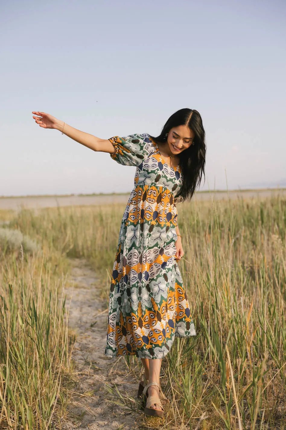 Ainoa Abstract Print Midi Dress for Women - Elegant Flowy Summer Dress | Perfect for Beach Vacations, Date Nights & Casual Outings