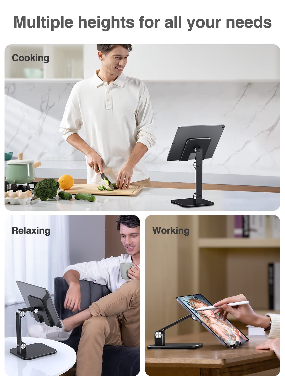 Premium Aluminum iPad Stand for Desk - Ultra Stable & Sturdy Adjustable Tablet Holder Dock - Compatible with iPad Pro 12.9/Air/Mini - Portable Home Office Accessory for Reading, Video Calls & Hands-Free Viewing - Black