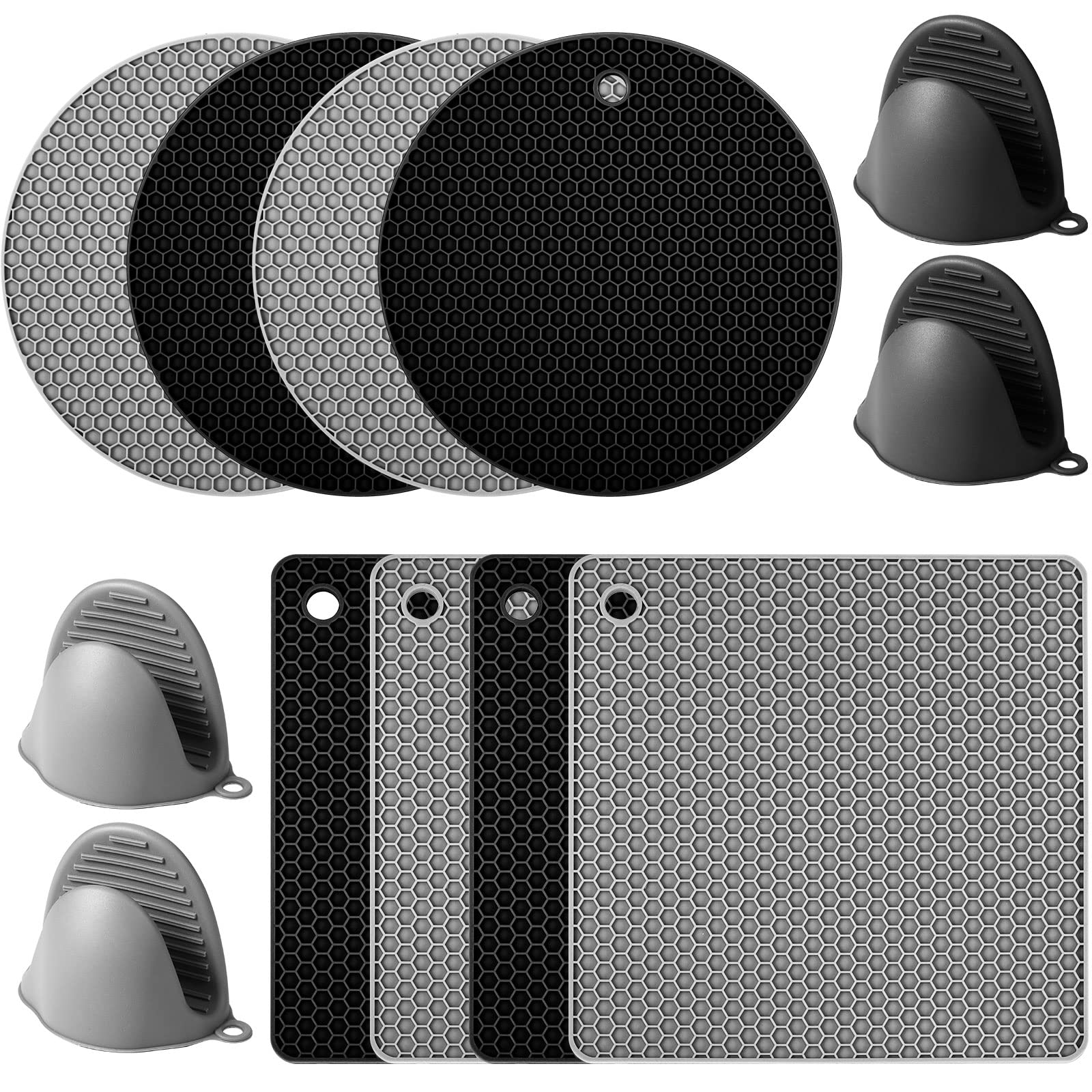 12-Pack Heat-Resistant Silicone Trivet Mats & Oven Mitts Set - Non-Slip Pot Holders for Kitchen Counter, Table, Stove - Perfect for Hot Dishes, Baking, Cooking (Black & Gray)