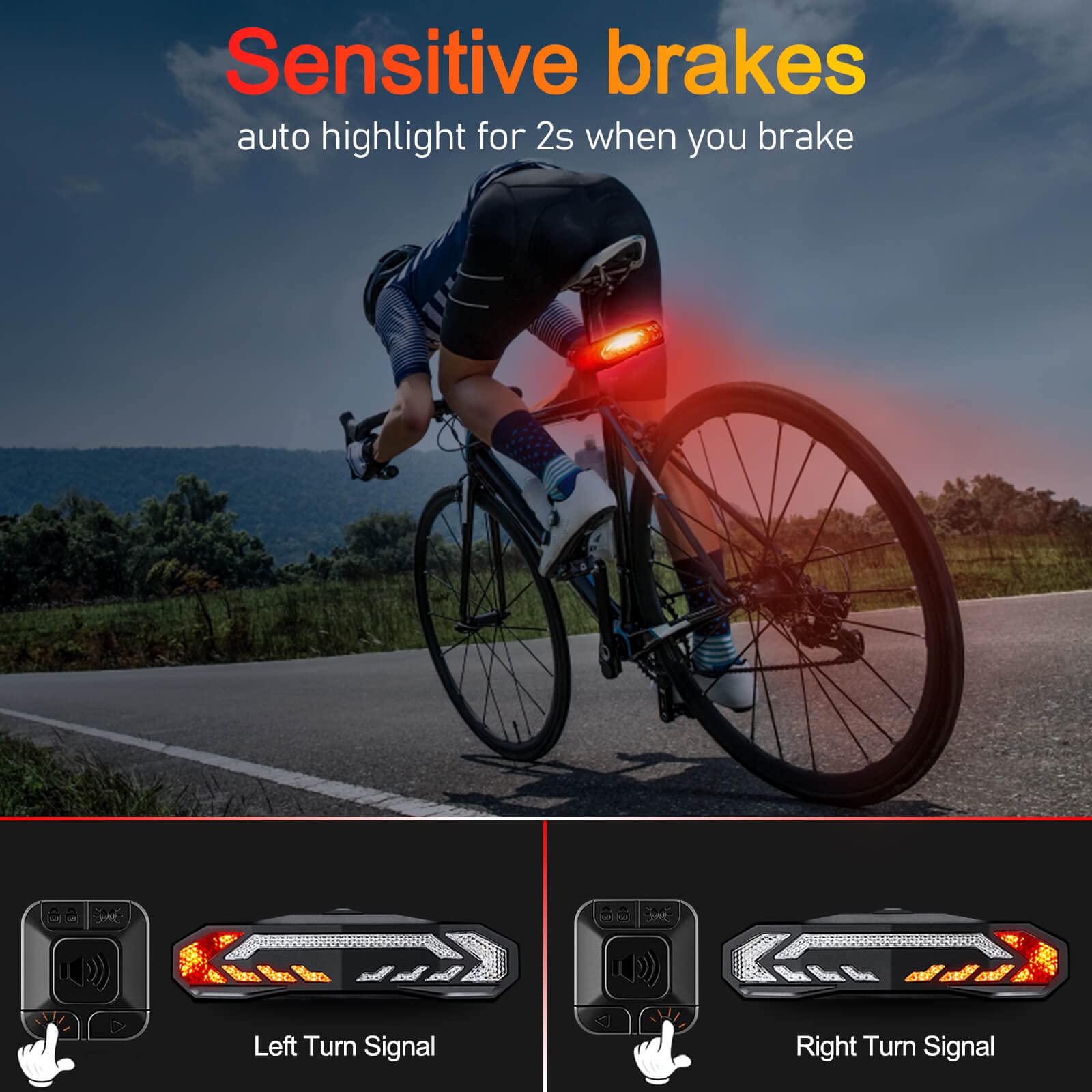 10 Pack Smart Bike Tail Light with Turn Signals - Wireless Remote Control, USB Rechargeable, Auto Brake Light & Anti-Theft Function - Perfect for Night Cycling, Commuting & Road Safety (Black)