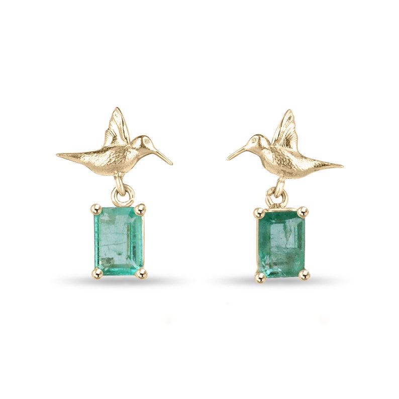 14K Gold Natural Emerald & Hummingbird Dangle Stud Earrings - 1.90tcw Elegant Jewelry for Women, Perfect Gift for Birthday, Anniversary & Special Occasions