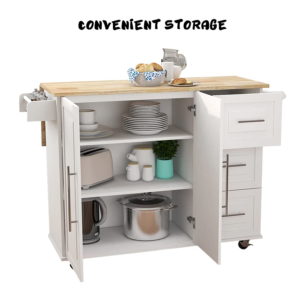 Expandable Solid Wood Kitchen Island with Drop-Leaf Table, Wheels & Storage - White | Large Cabinets, 3 Drawers, Spice Rack & Towel Holder | Perfect for Small Kitchens, Dining Areas & Food Prep Stations