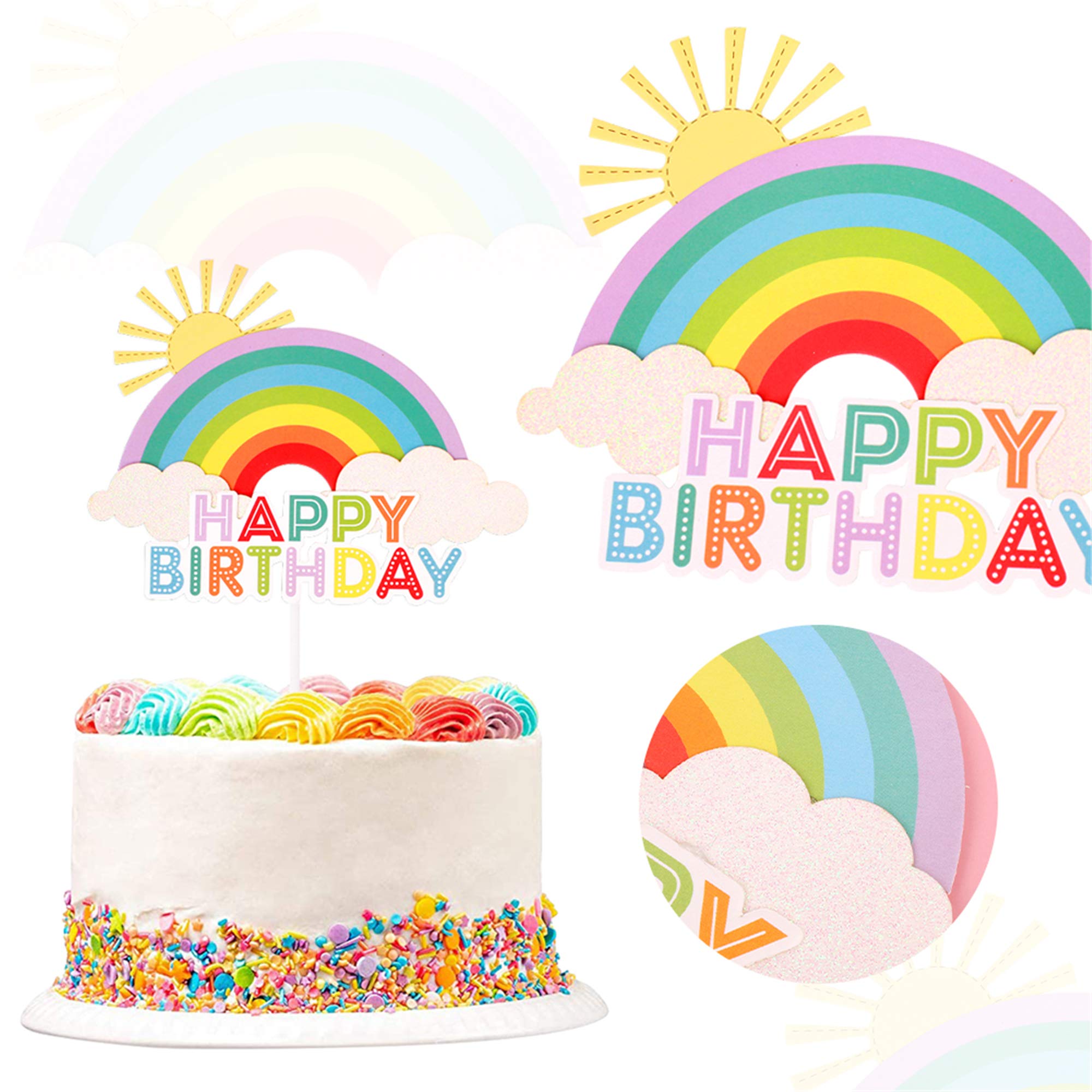 Glitter Happy Birthday Cake Toppers - Rainbow Cake Picks for Baby Shower & Birthday Party Decorations - 1 Pack - Perfect for Cupcakes, Wedding Cakes, and DIY Dessert Decorating