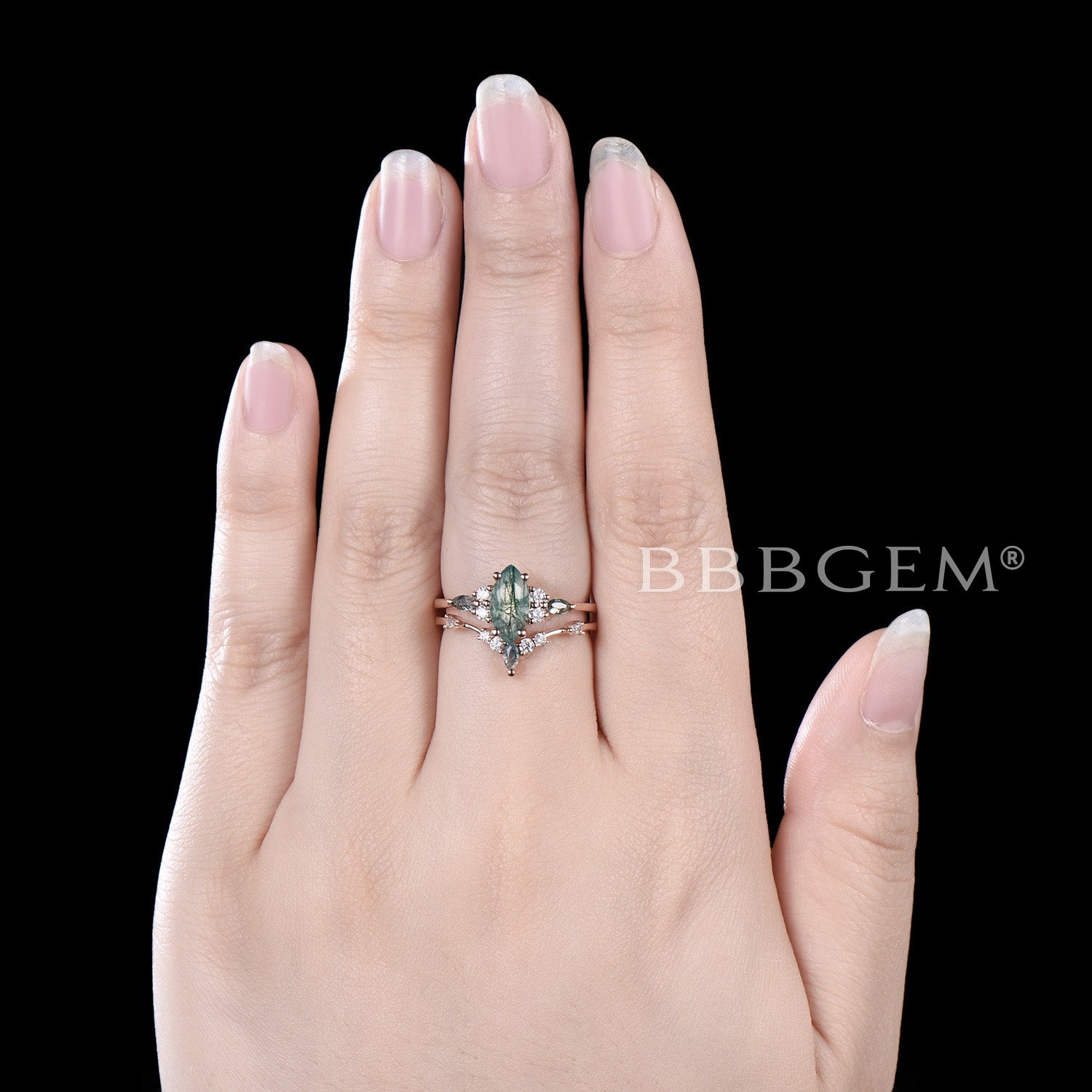 Marquise Cut Natural Moss Agate Engagement Ring for Women - 7 Stone Rose Gold Wedding Band - Perfect for Proposals, Anniversaries & Bridal Jewelry