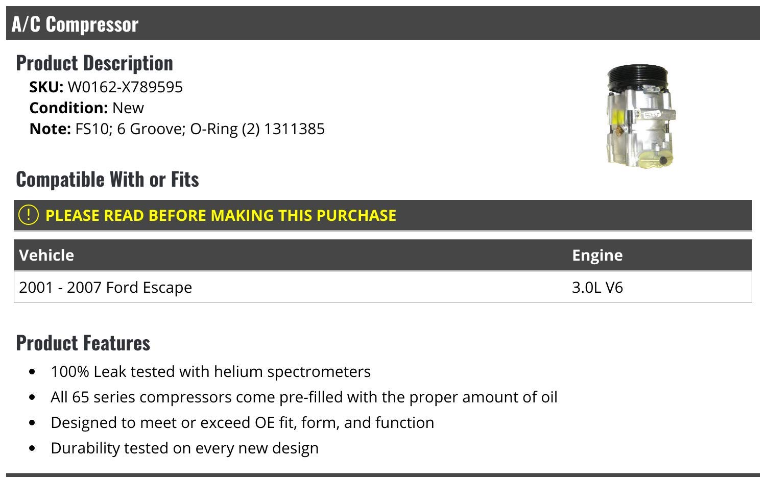 High-Performance A/C Compressor 6 Groove - Replacement for 2001-2007 Ford Escape 3.0L V6 - Perfect for Car AC Repair & Summer Cooling System Maintenance
