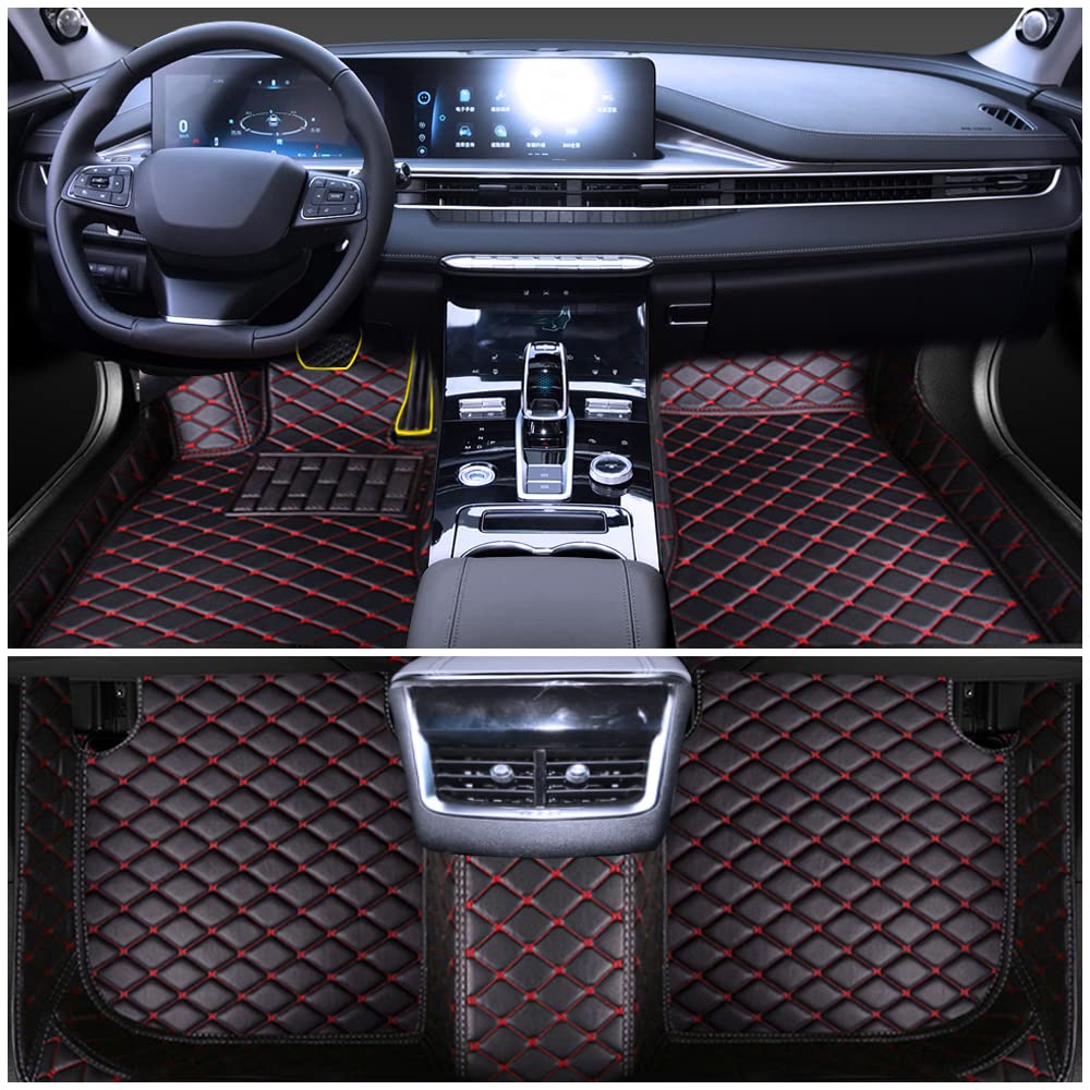 Premium Custom Fit Floor Mats for RAM 1500 (2011-2017) - Waterproof All-Weather Floor Liners, Full Coverage Luxury Leather Design in Black & Red - Perfect for Off-Roading, Daily Commute & Truck Protection
