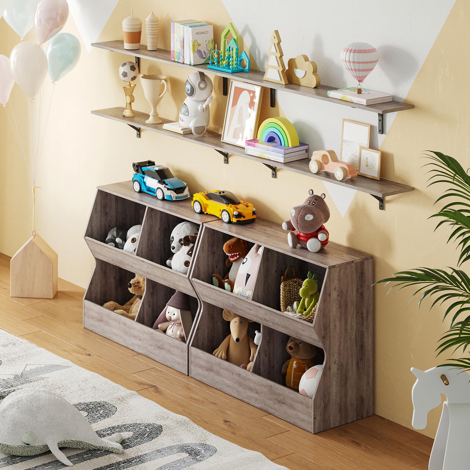 DINZI LVJ Kids Bookshelf & Toy Storage Organizer - 4 Cubby Wooden Toy Cabinet, Greige Children's Bookcase (35.4