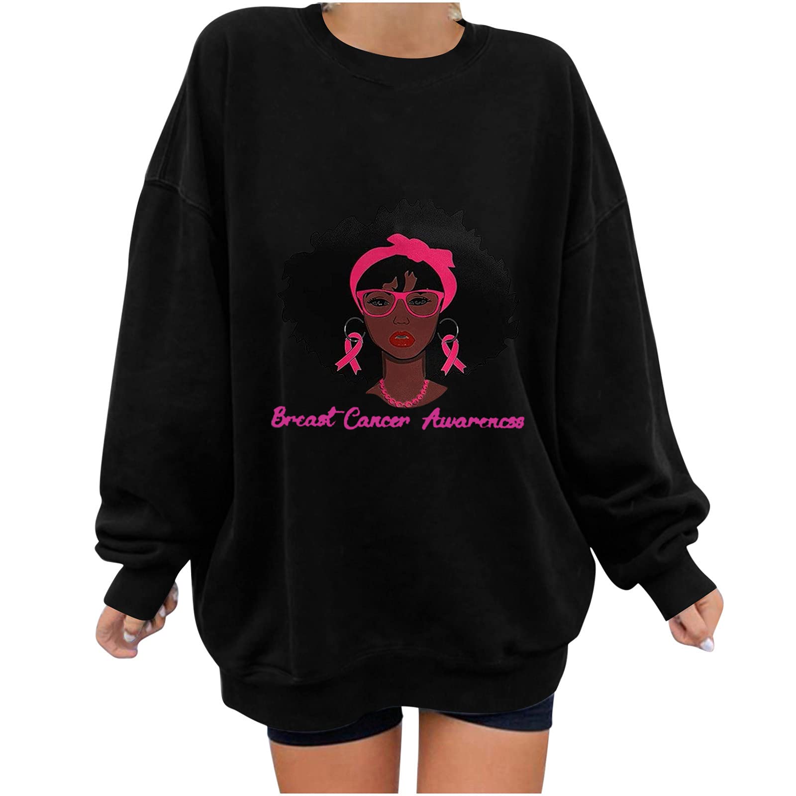Pink Ribbon Breast Cancer Awareness Sweatshirt for Women - Long Sleeve Crewneck Pullover Top, Comfortable Casual Blouse for Fundraising Events, Survivor Support & Everyday Wear