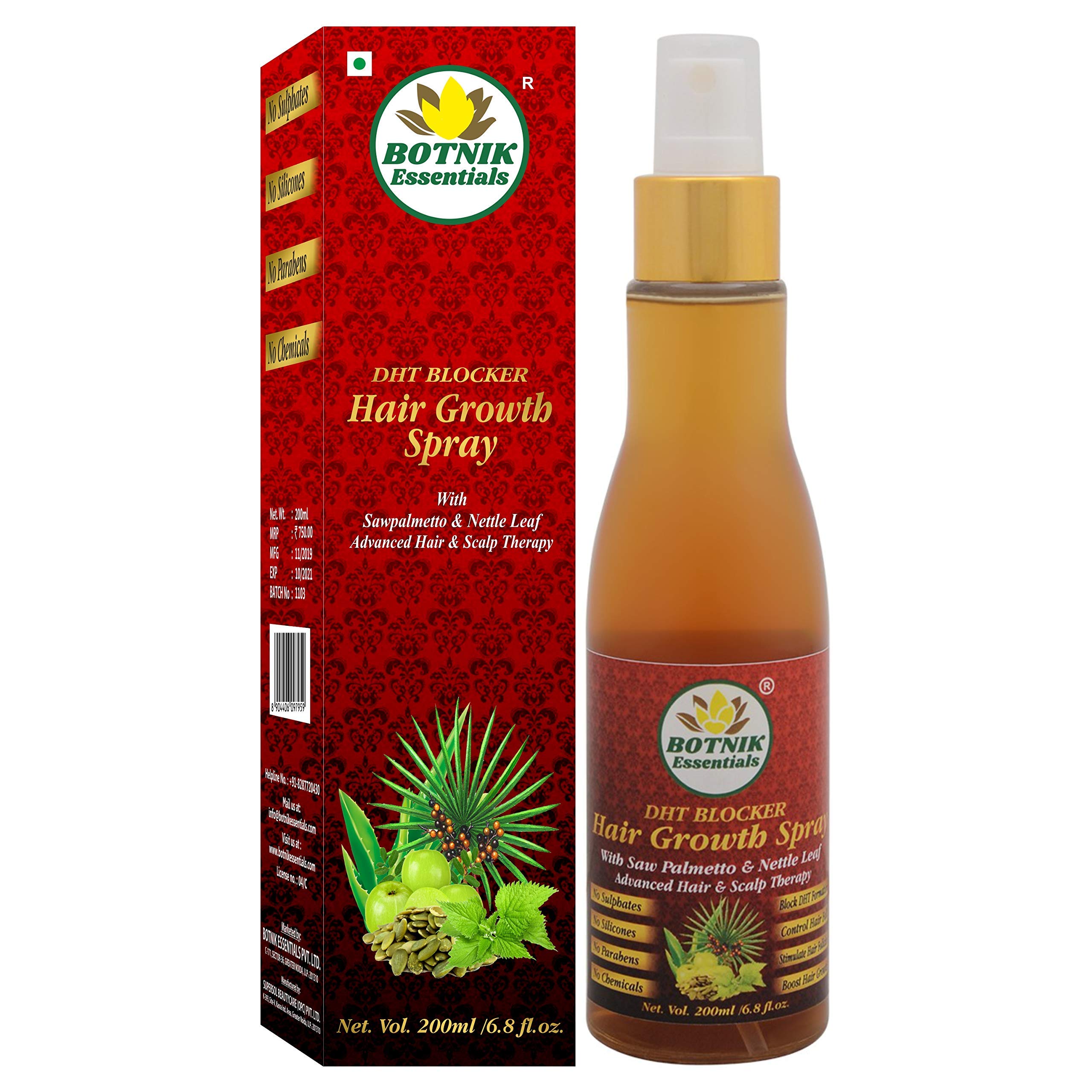 BOTNIK ESSENTIALS DHT Blocker Hair Growth Spray with Saw Palmetto, Nettle Leaf & Rosemary - 200ml Natural Hair Loss Treatment for Men & Women | Thinning Hair Solution for Daily Use at Home or Salon