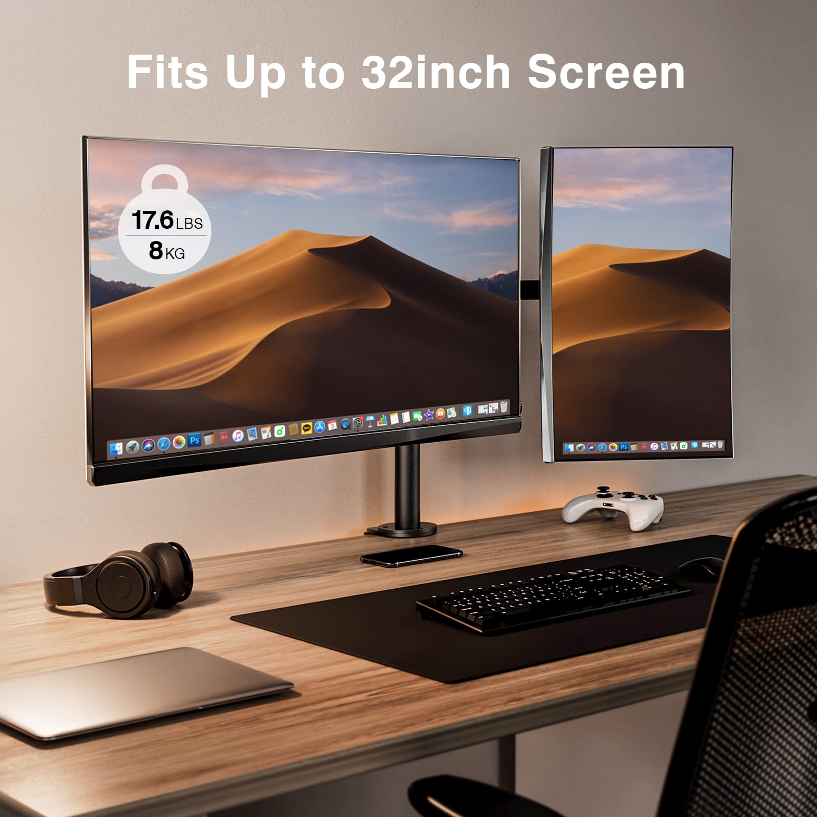 Ergear Dual Monitor Stand for 13-32 Inch Screens - Adjustable VESA Mount for Most 13-32 Inch Monitors - Perfect for Home Office, Gaming Setup & Workspace Ergonomics