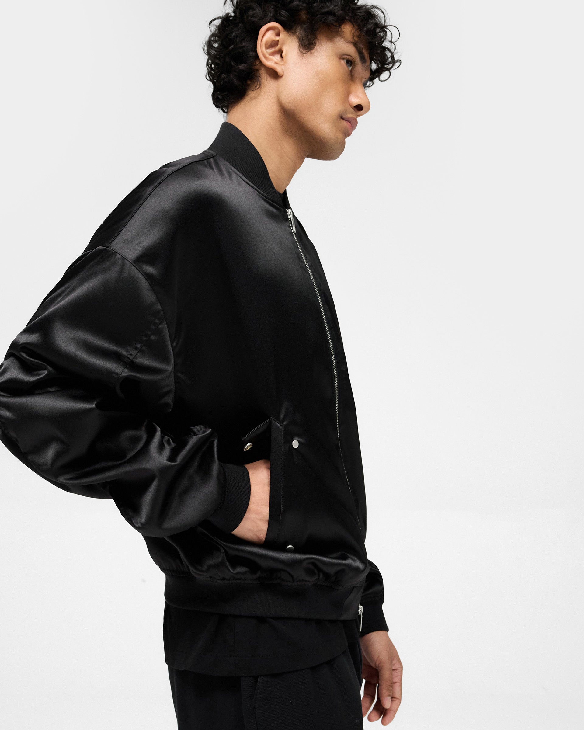 Black Satin Bomber Jacket for Men & Women - Lightweight Stylish Outerwear for Casual Wear & Night Out