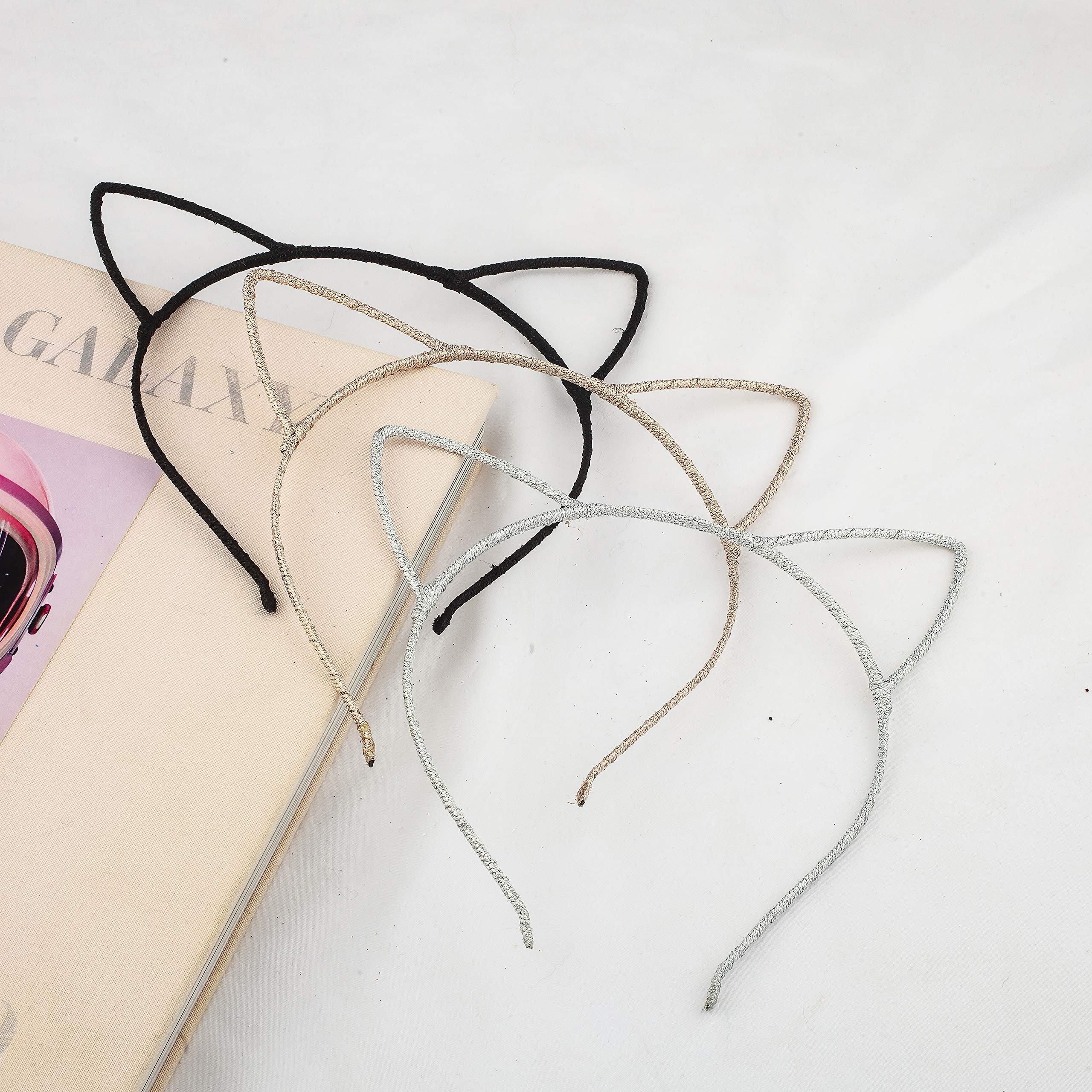 LUX ACCESSORIES White Black Blush Wire Cat Ears Headband Set (3pc) - Girls Christmas Fashion Headbands for Parties, Cosplay, and Festive Events