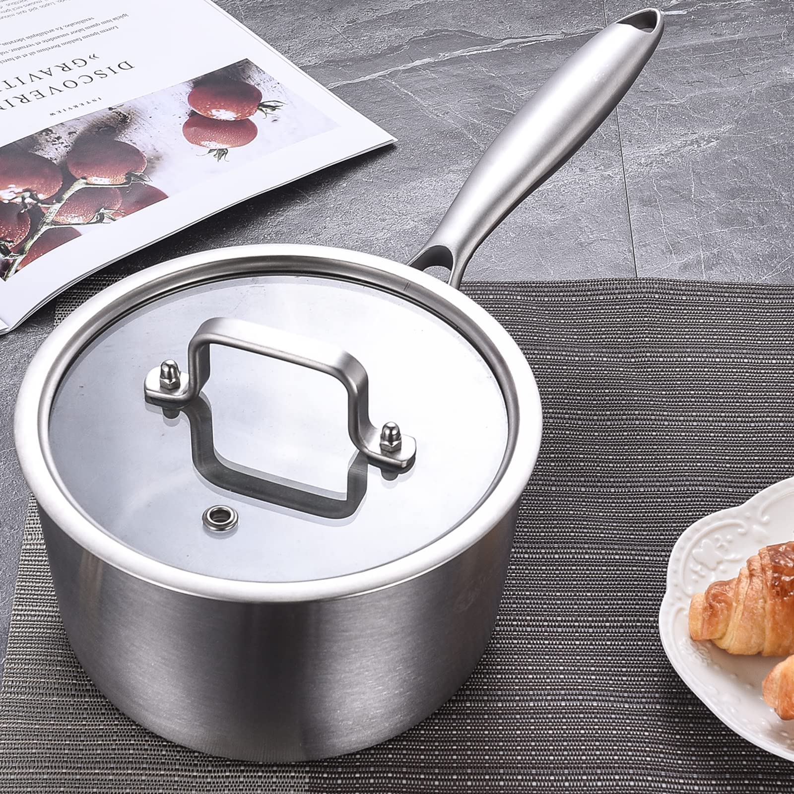Tri-Ply 3 QT Stainless Steel Saucepan with Lid - 20CM Induction Cookware, Oven & Dishwasher Safe Sauce Pot with Detachable Handle - Perfect for Soups, Stews, Pasta & Home Cooking