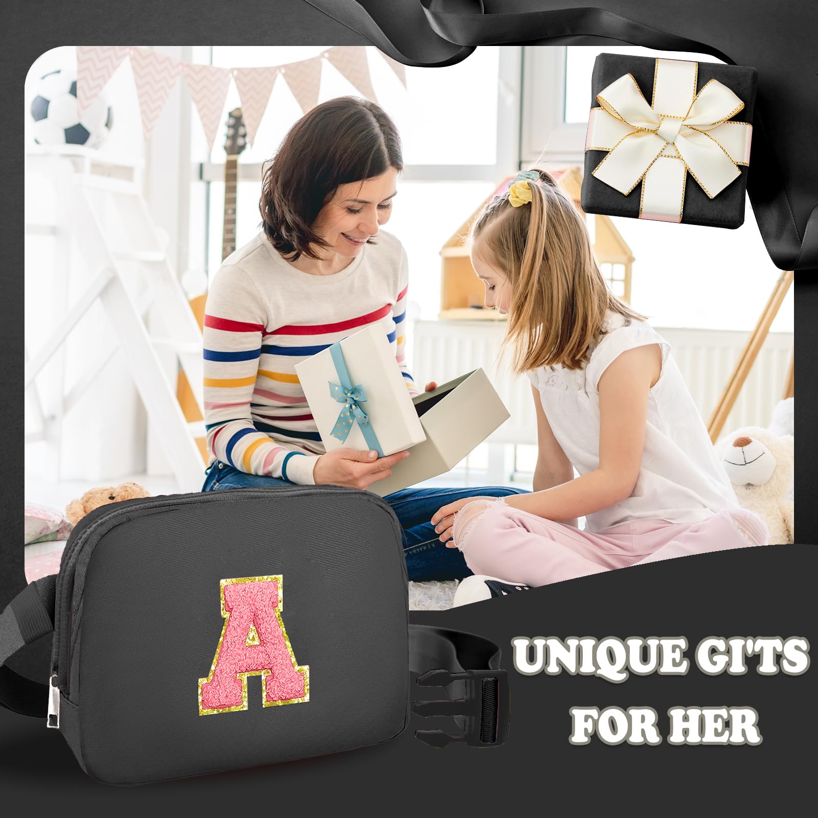Personalized Initial Letter Crossbody Bag for Girls Ages 4-13 | Cute Fanny Pack with Custom Patch | Birthday Gift for Women, Teens & Kids (A, Black) | Perfect for School, Travel & Everyday Use