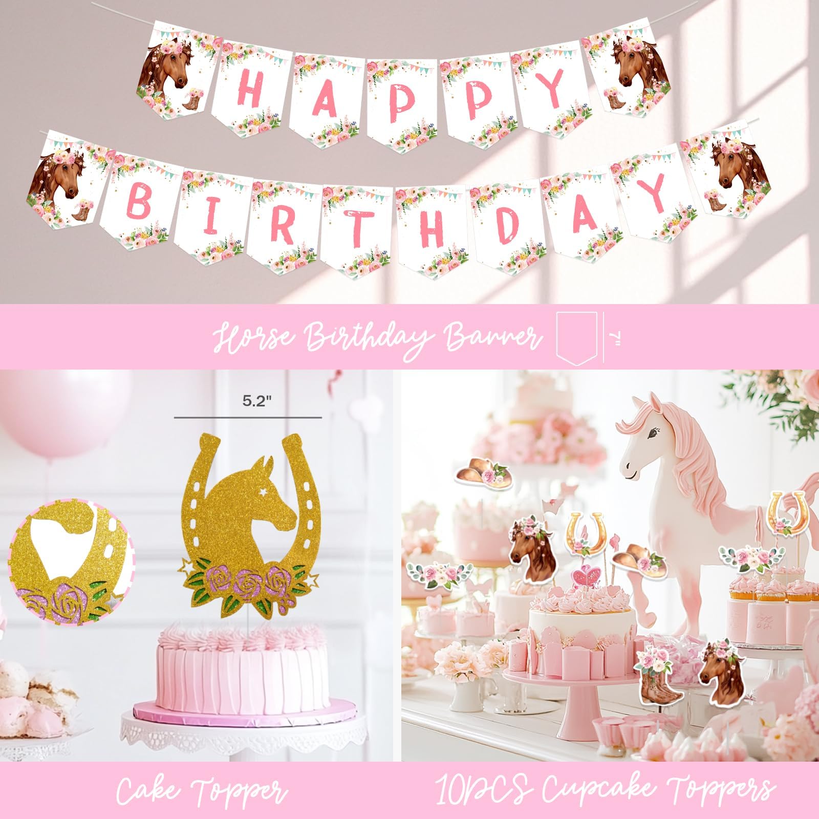 Horse Themed Birthday Party Decorations for Girls - Western Cowgirl Party Supplies Set with Backdrop, Balloons, Leaves, Happy Birthday Banner, Tablecloth, Cake Topper in Floral Pink & Brown | Perfect for Western-Themed Birthday Parties, Baby Showers & Cowgirl Celebrations