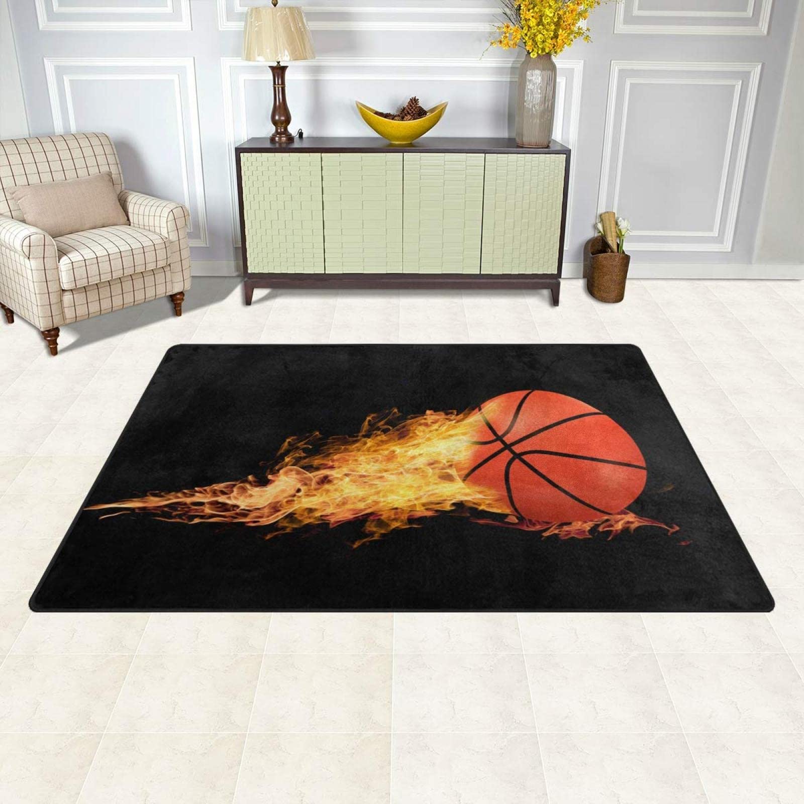 Basketball Court Design Area Rug - Non-Slip Indoor Floor Carpet for Living Room, Bedroom & Home Decor (5.3' x 4') | Perfect for Sports Fans, Game Room & Basketball Themed Decor
